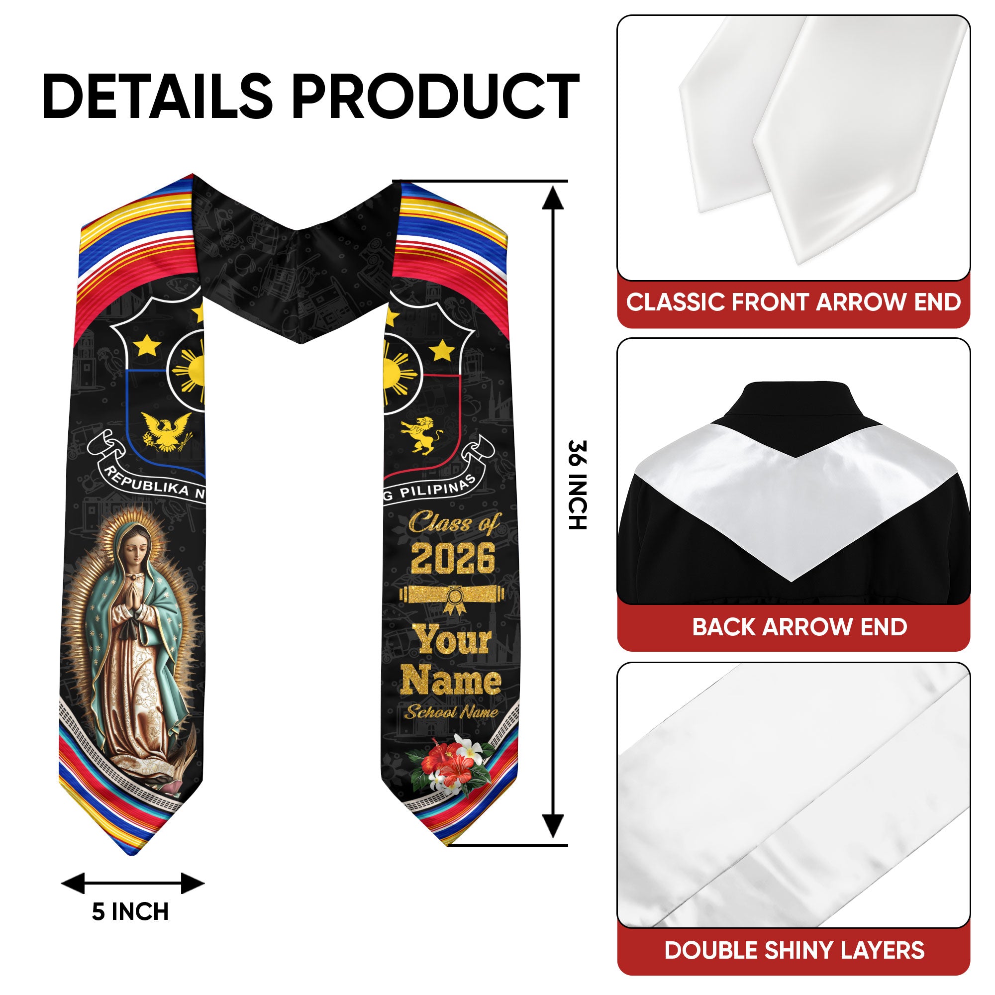 Filipino Flag Graduation Sash 2026, Philippines Stole, Custom Graduation Stole for 2026