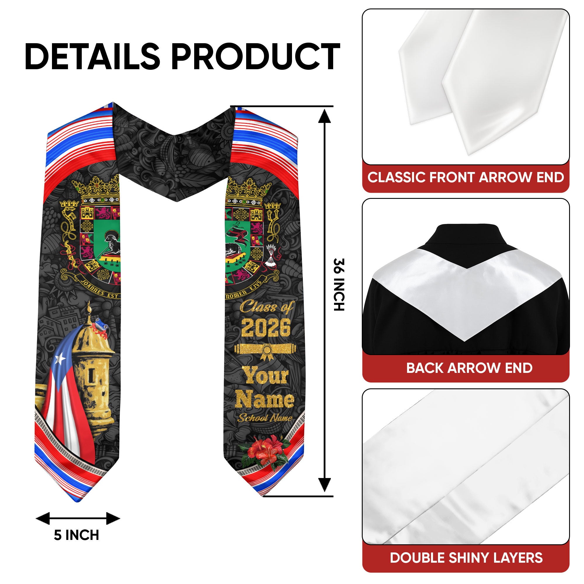 Puerto Rican Flag Graduation Sash 2026, PuertoRico Graduation Stole, Custom Accent 2026