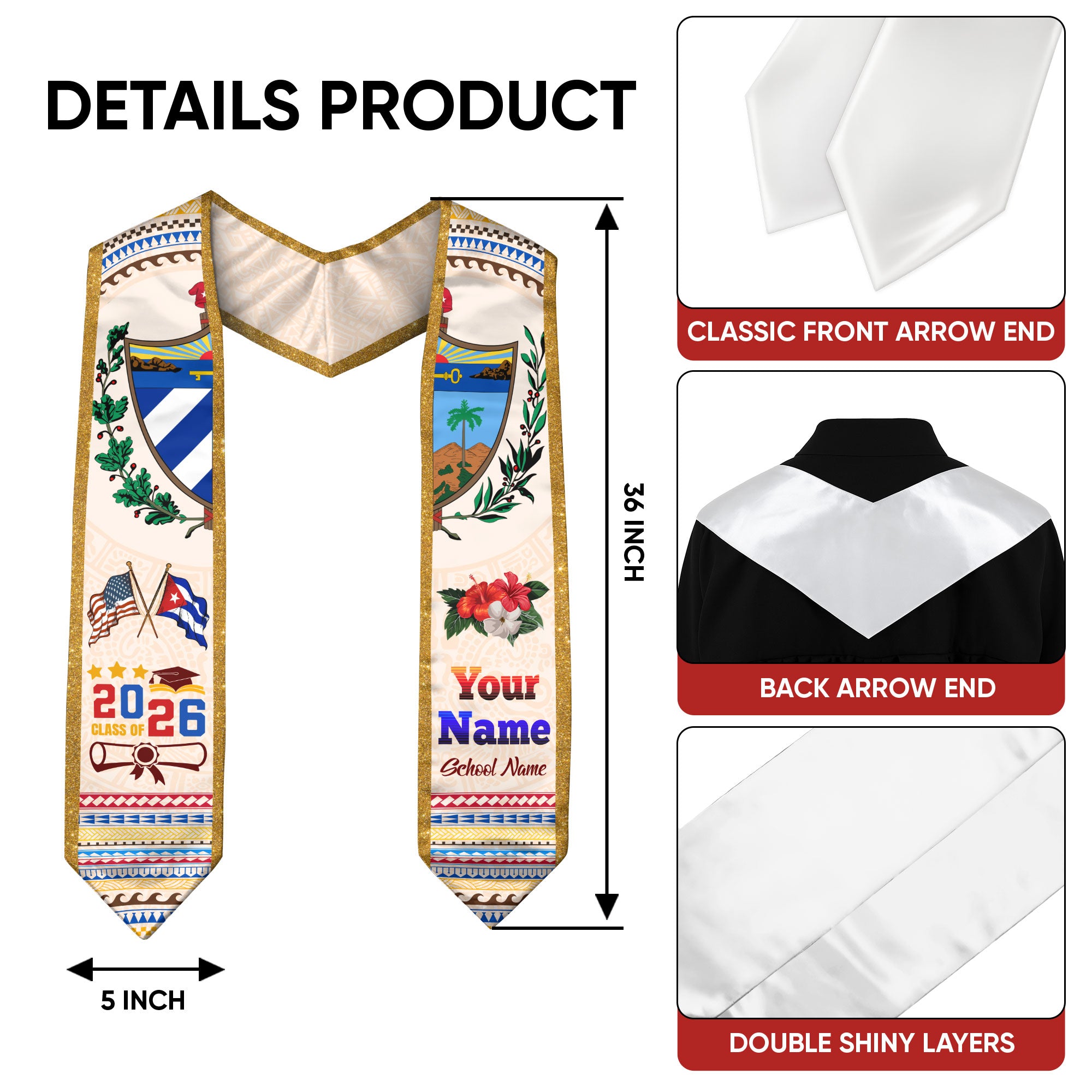 Class of 2026 Cuba Graduation Sash, Cuban Flag Stole, Custom-Ready Graduation Style