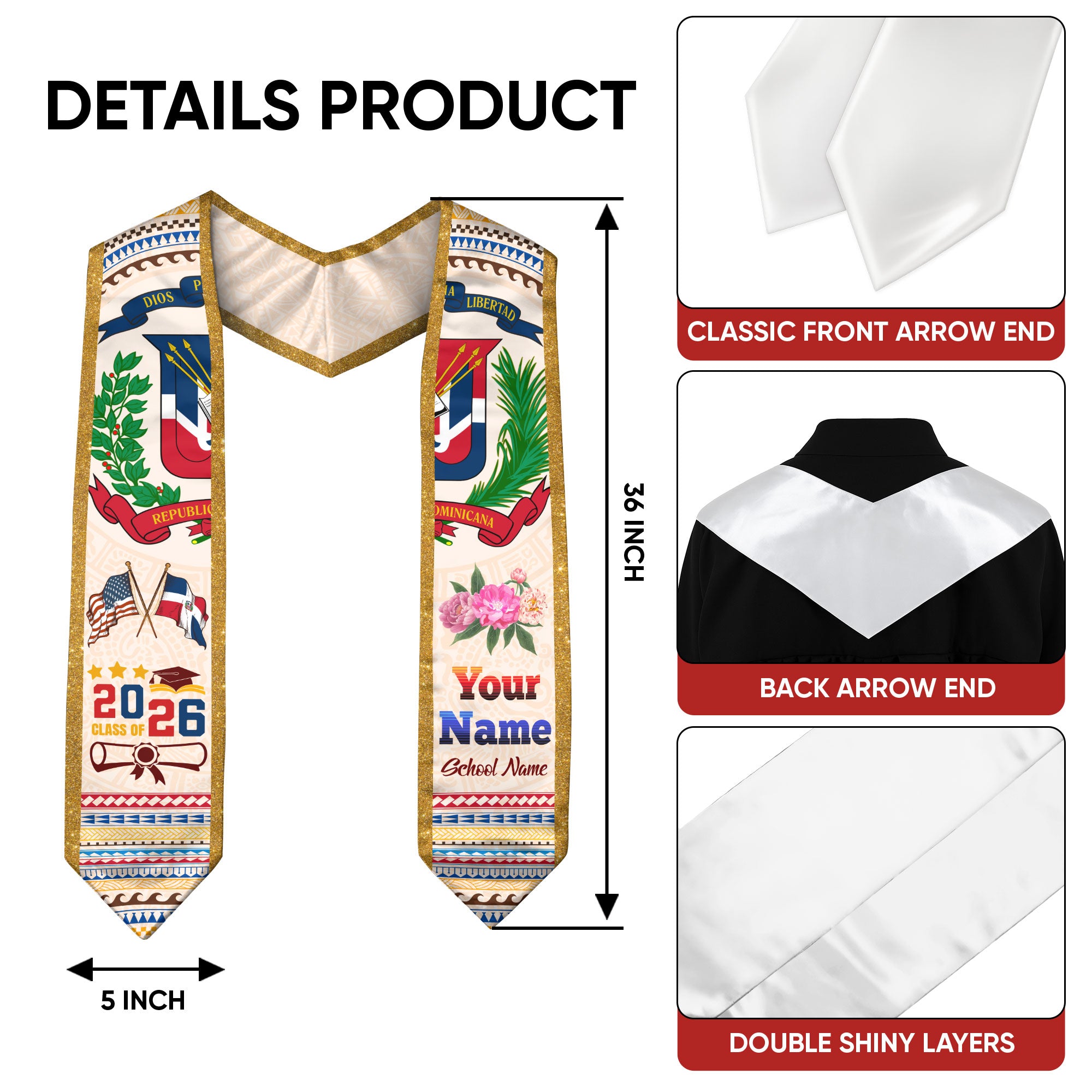 Dominican Graduation Sash 2026, Dominican Flag Graduation Stole, Custom Touch Option