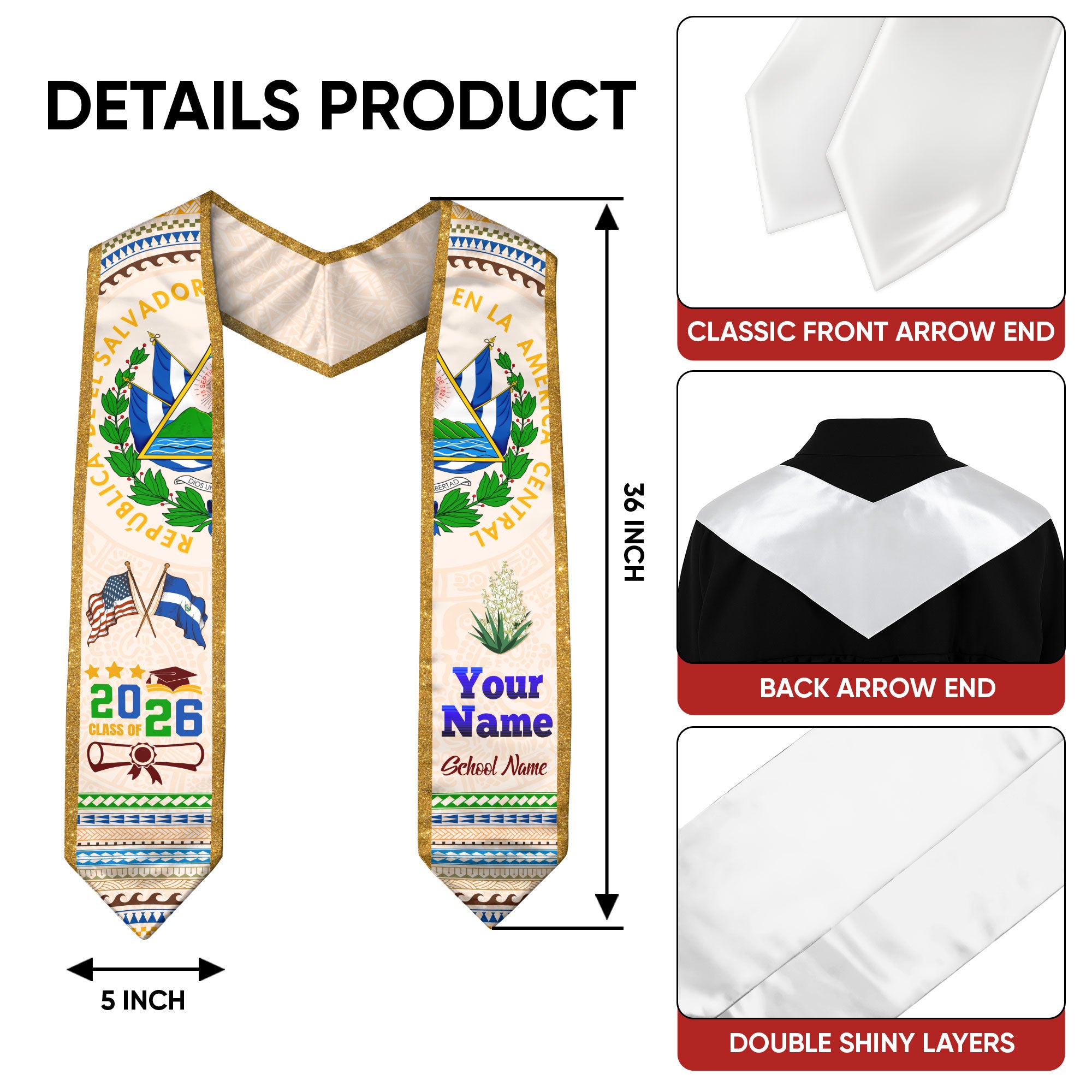 El Salvador Flag 2026, Graduation Stole 2026, Custom Sash, Salvadoran Graduation Stole 2026, Custom Stole