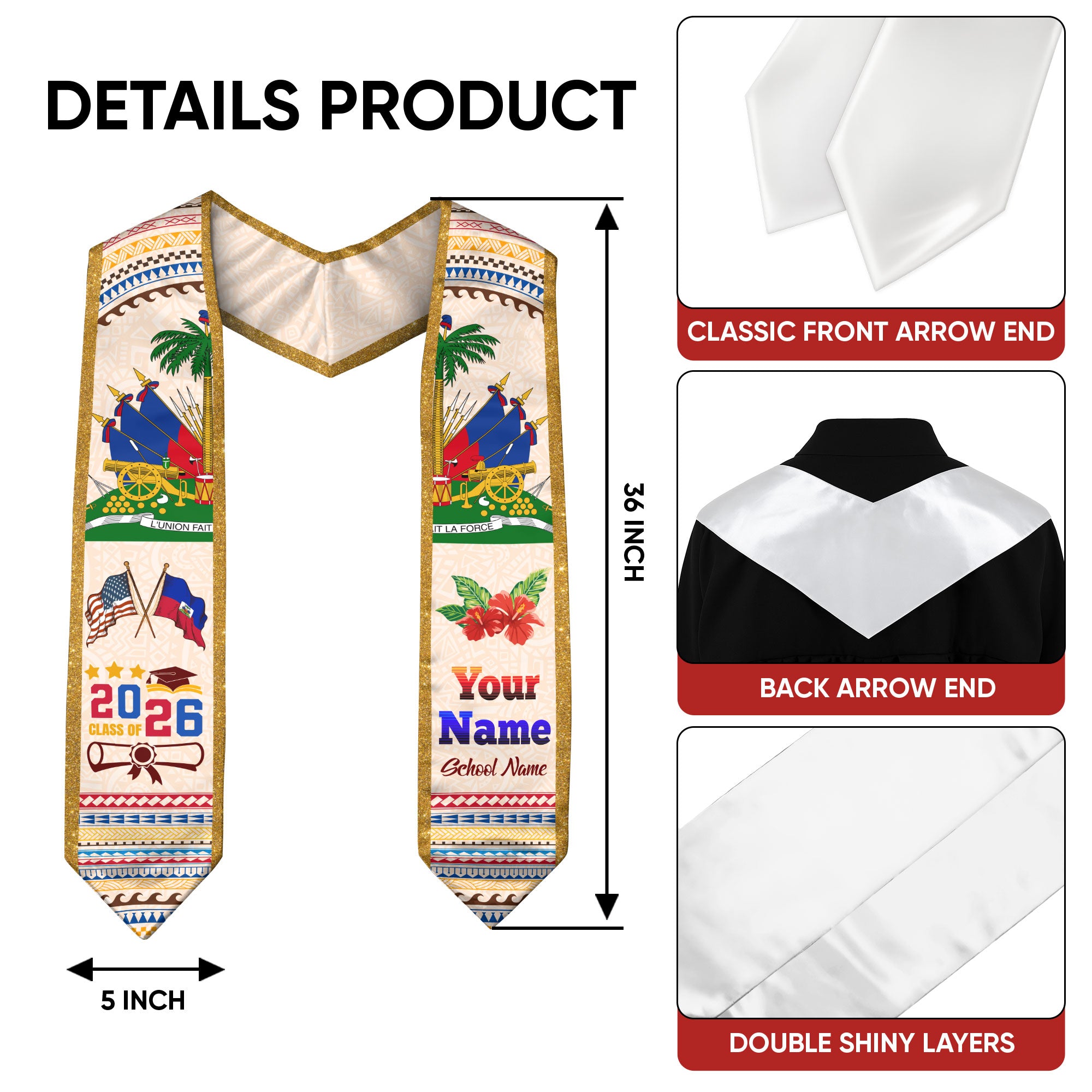 Class of 2026 Haiti Graduation Sash, Haitian Flag Stole, Custom-Ready Graduation Style