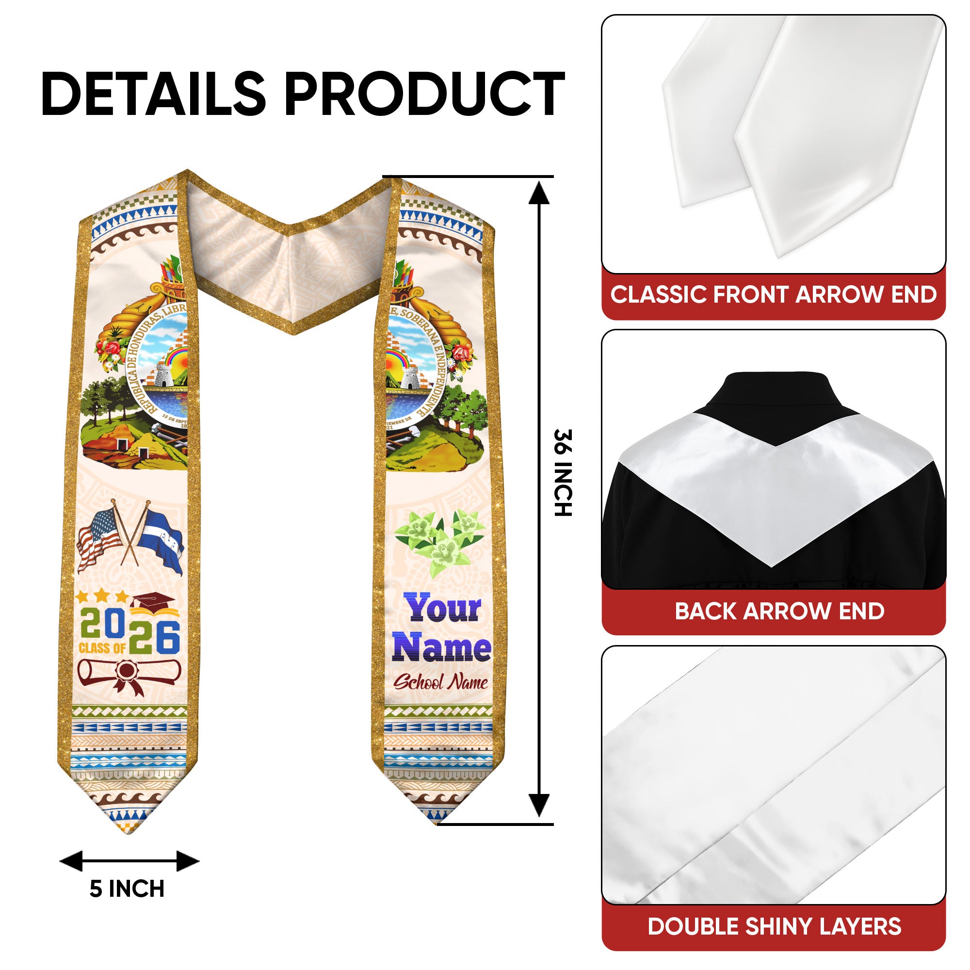 Honduras Flag Graduation Stole 2026, Honduran Grad Sash, Custom Option Class of 2026