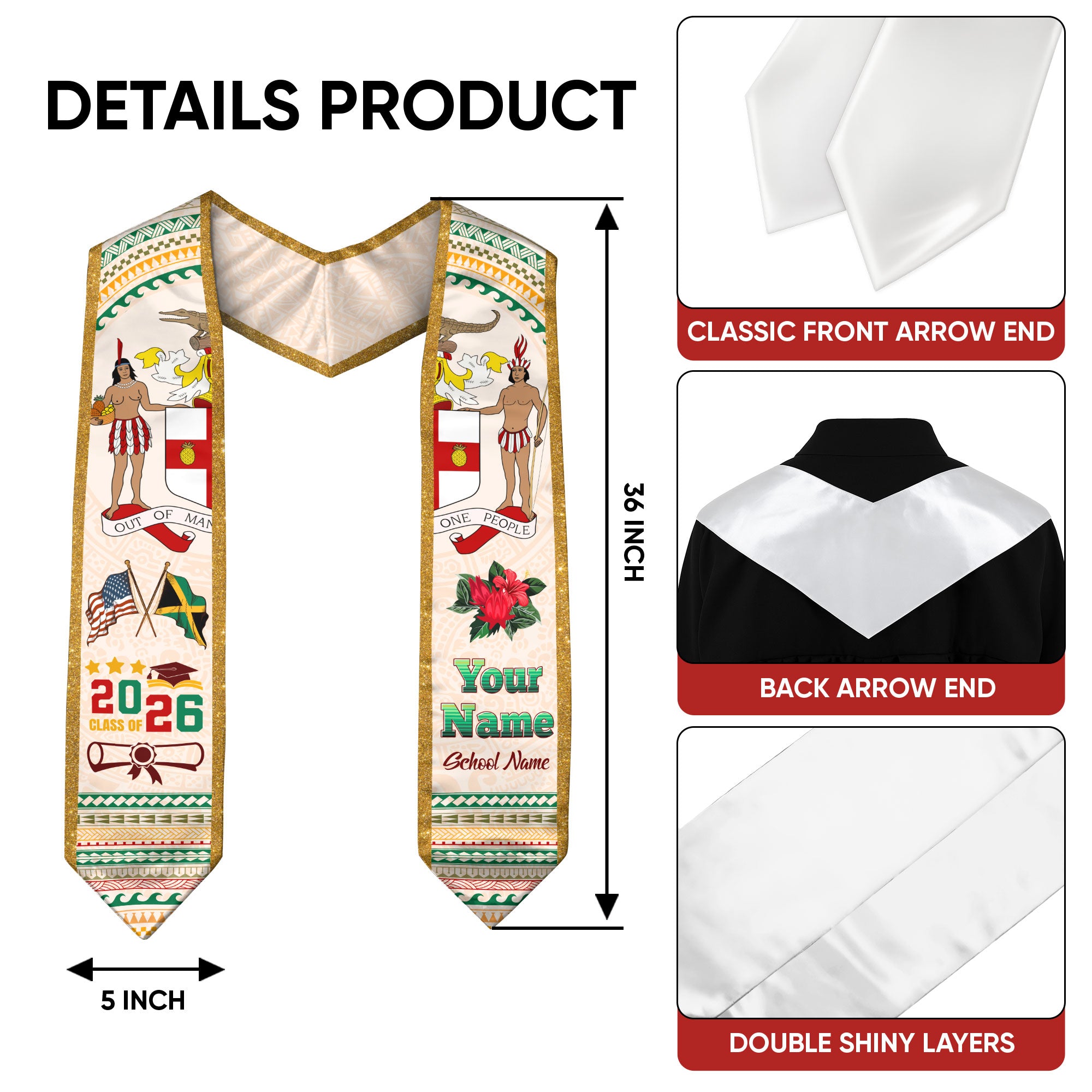 Jamaica Flag Graduation Stole 2026, Custom Sash, Jamaican Graduation Stole for Grads