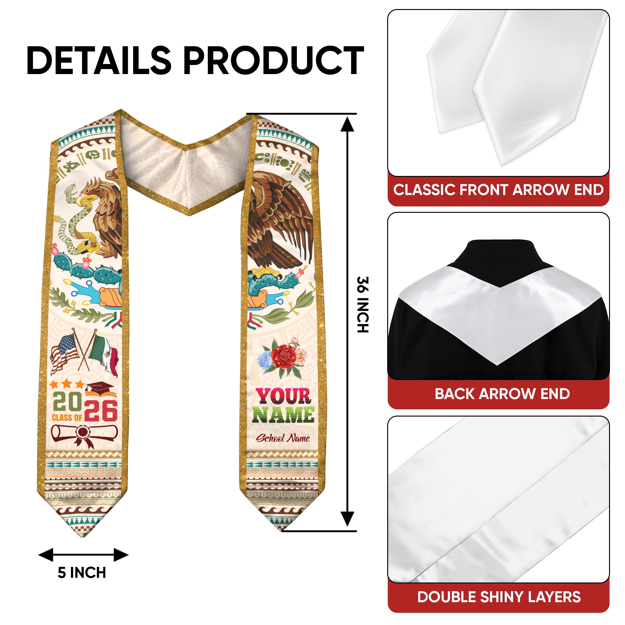 Mexico Graduation Stole 2026, Custom Mexican Graduation Sash, Mexican American Flag Stole