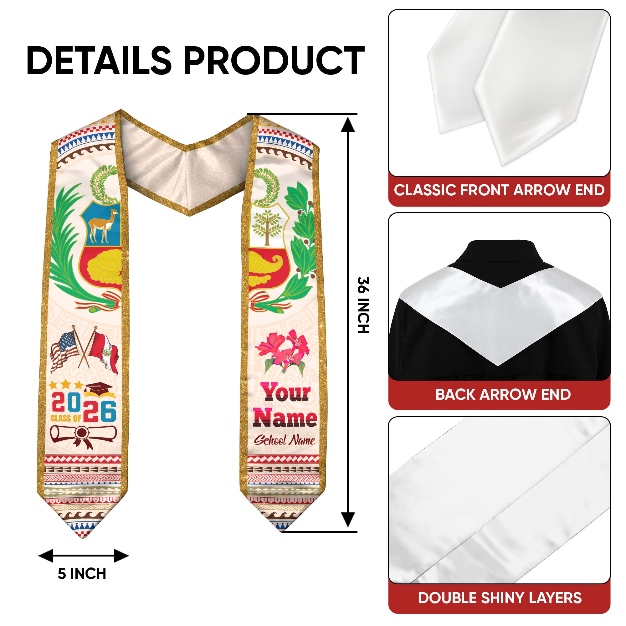 Peru Flag Graduation Stole 2026, Peruvian Grad Sash, Signature Finish for 2026 Grads