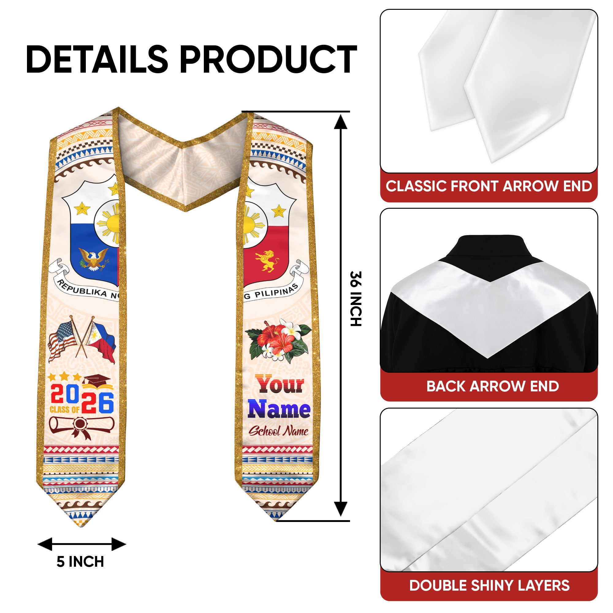 Philippines Flag Graduation Stole 2026, Custom Sash, Filipino Graduation Stole for Grads
