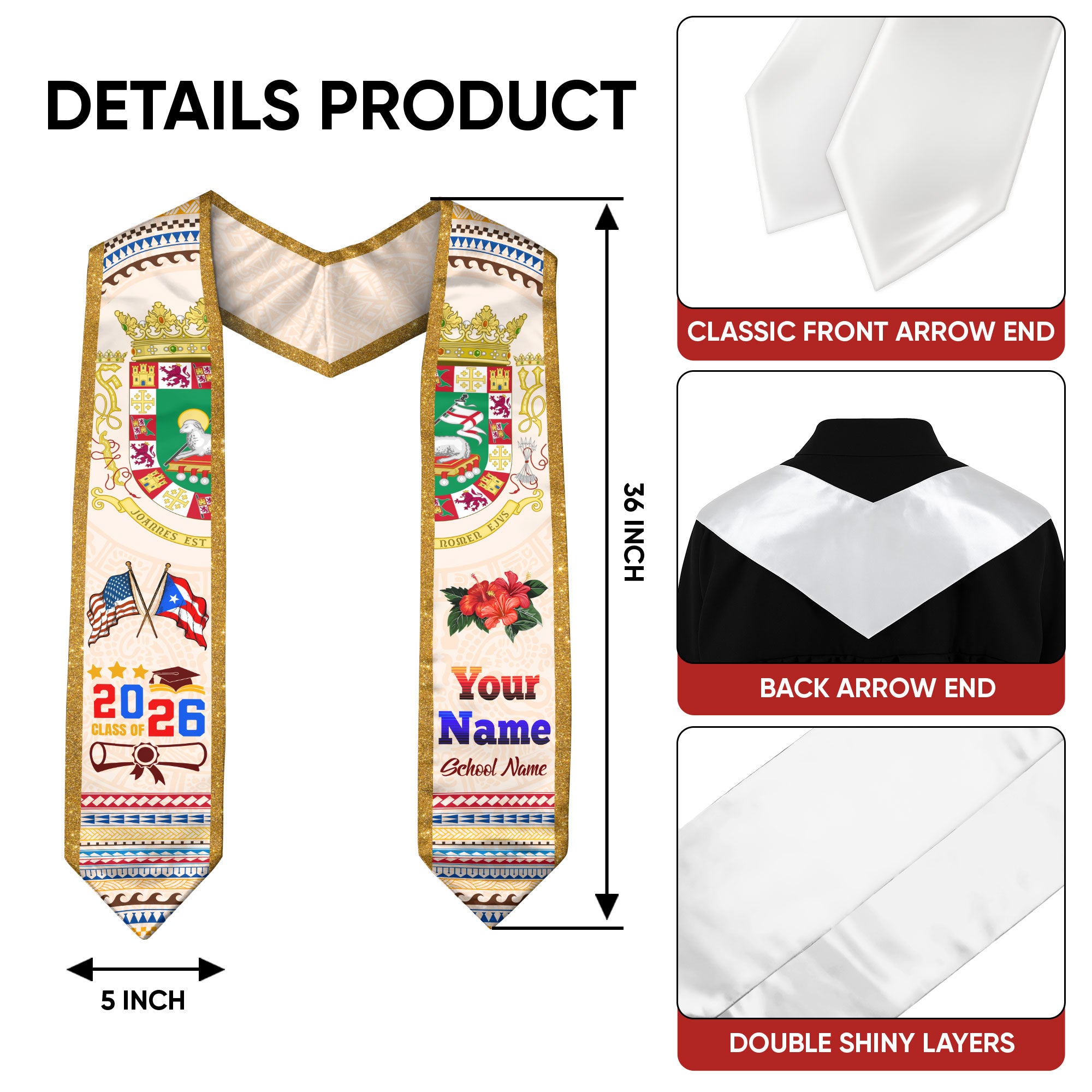Puerto Rico Graduation Sash 2026, Puerto Rican Flag Graduation Stole, Custom Touch Option
