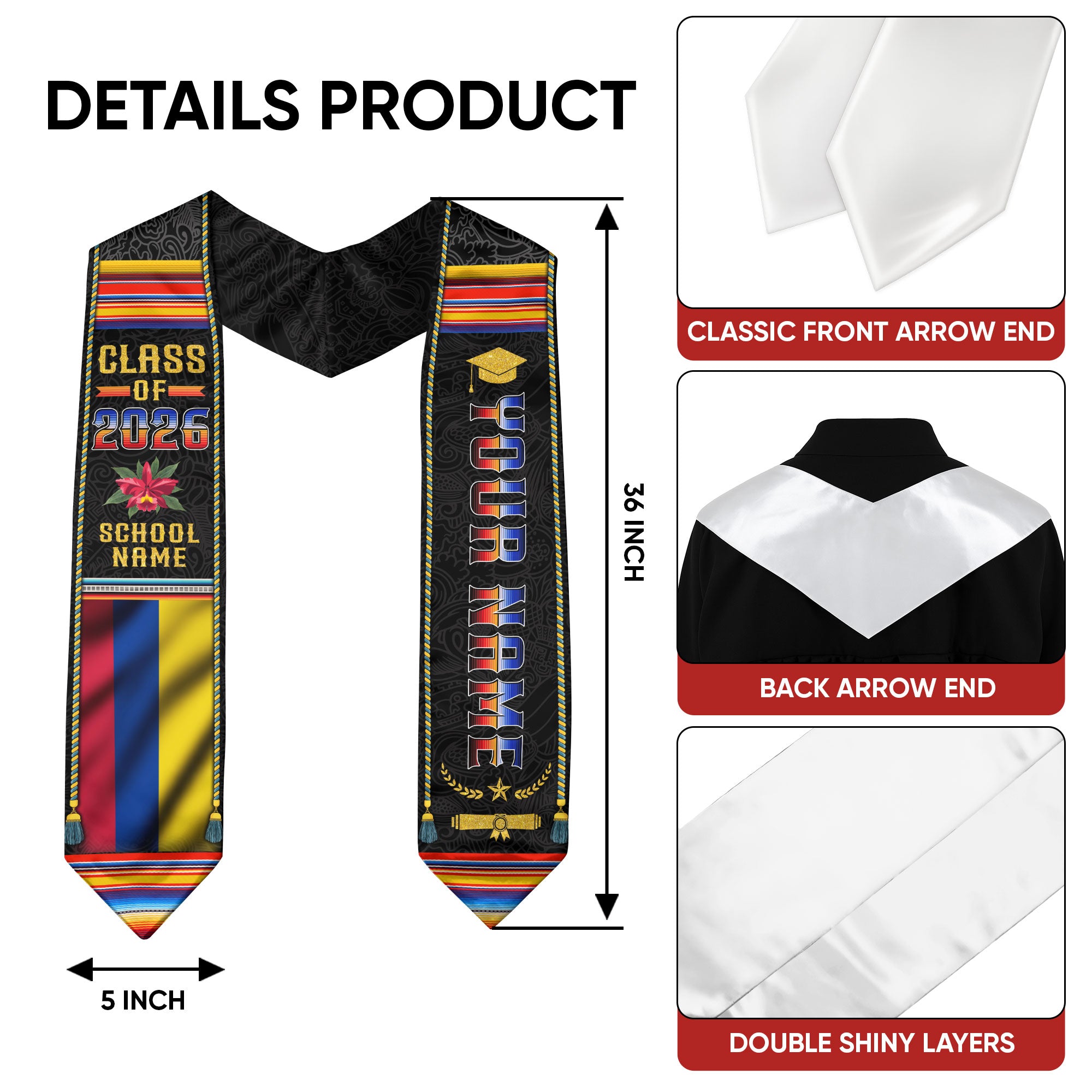 Colombia Flag Graduation Stole 2026, Colombian Grad Sash, Bespoke Touch Accessory