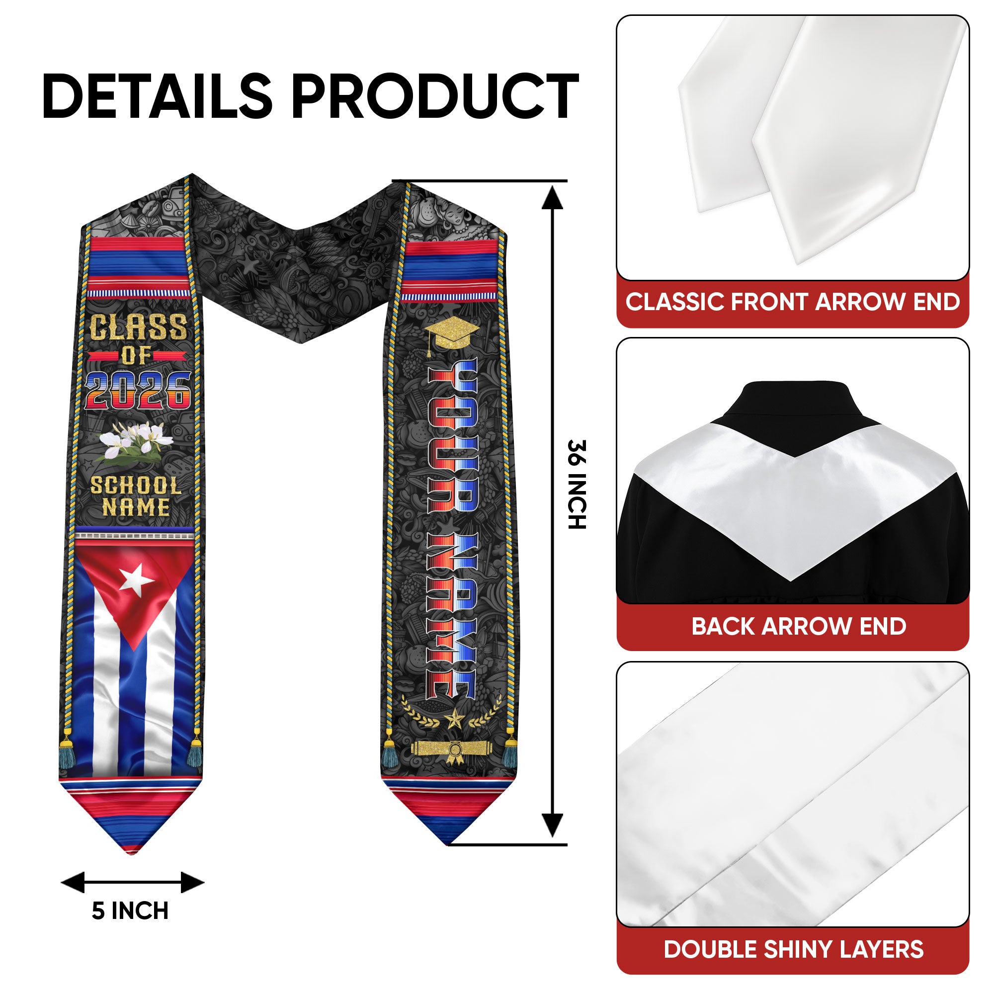 Cuba Flag Graduation Stole 2026, Cuban Grad Sash, Bespoke Touch Graduation Accessory