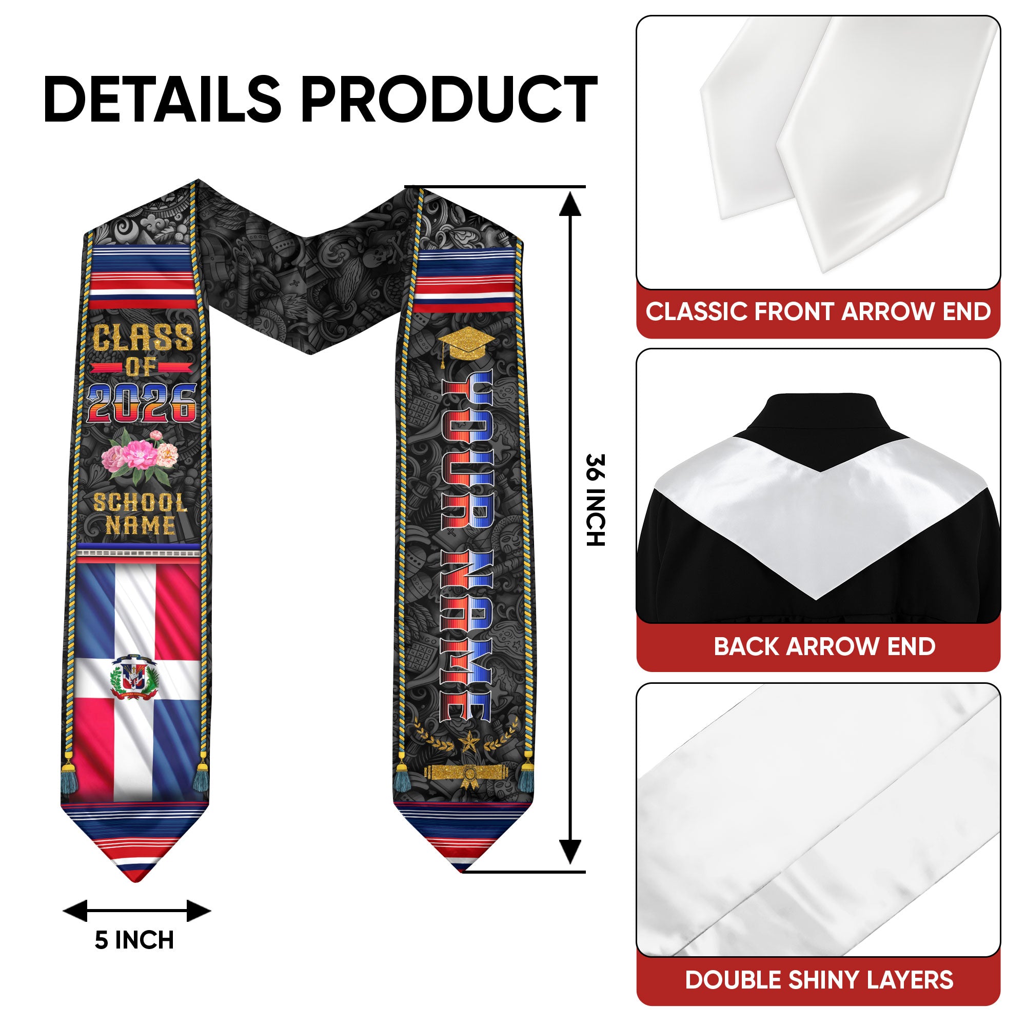 Dominican Flag Graduation Stole 2026, Dominican Stole Sash, Custom Finish for Grads