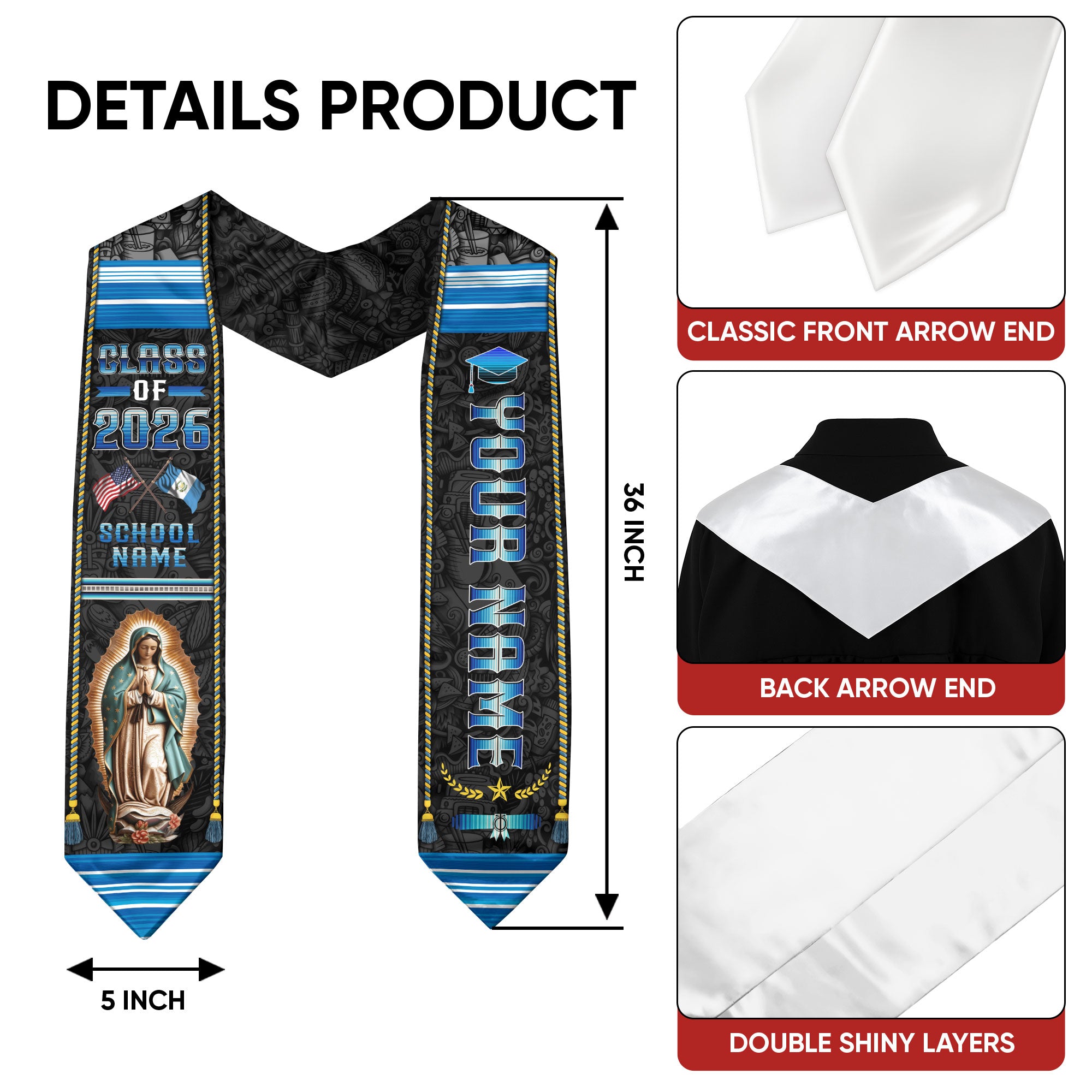 Custom Guatemala Graduation Sash 2026, Guatemalan Flag Stole, Graduation Stole 2026