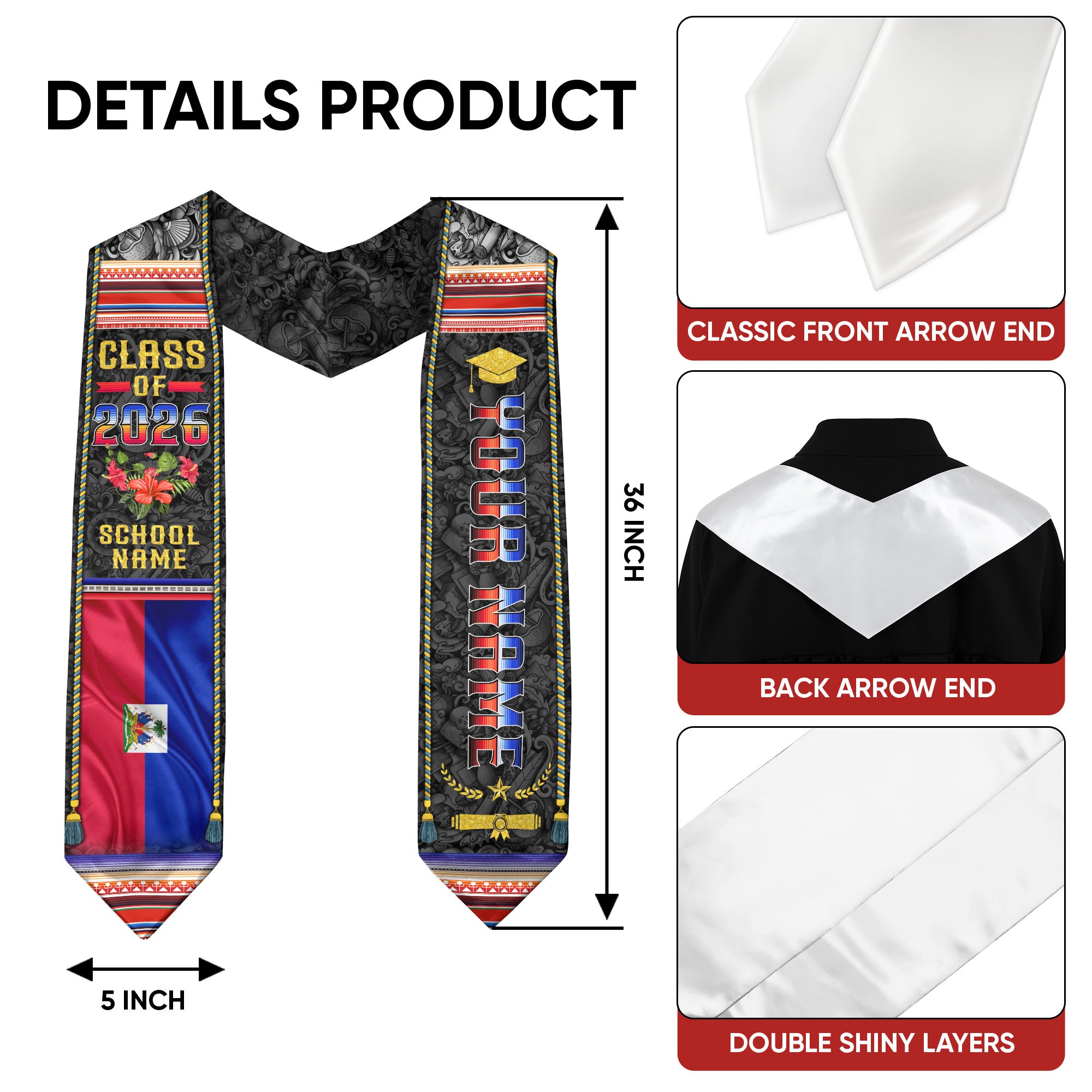 Haiti Flag Graduation Stole 2026, Haitian Grad Sash, Bespoke Touch Graduation Accessory