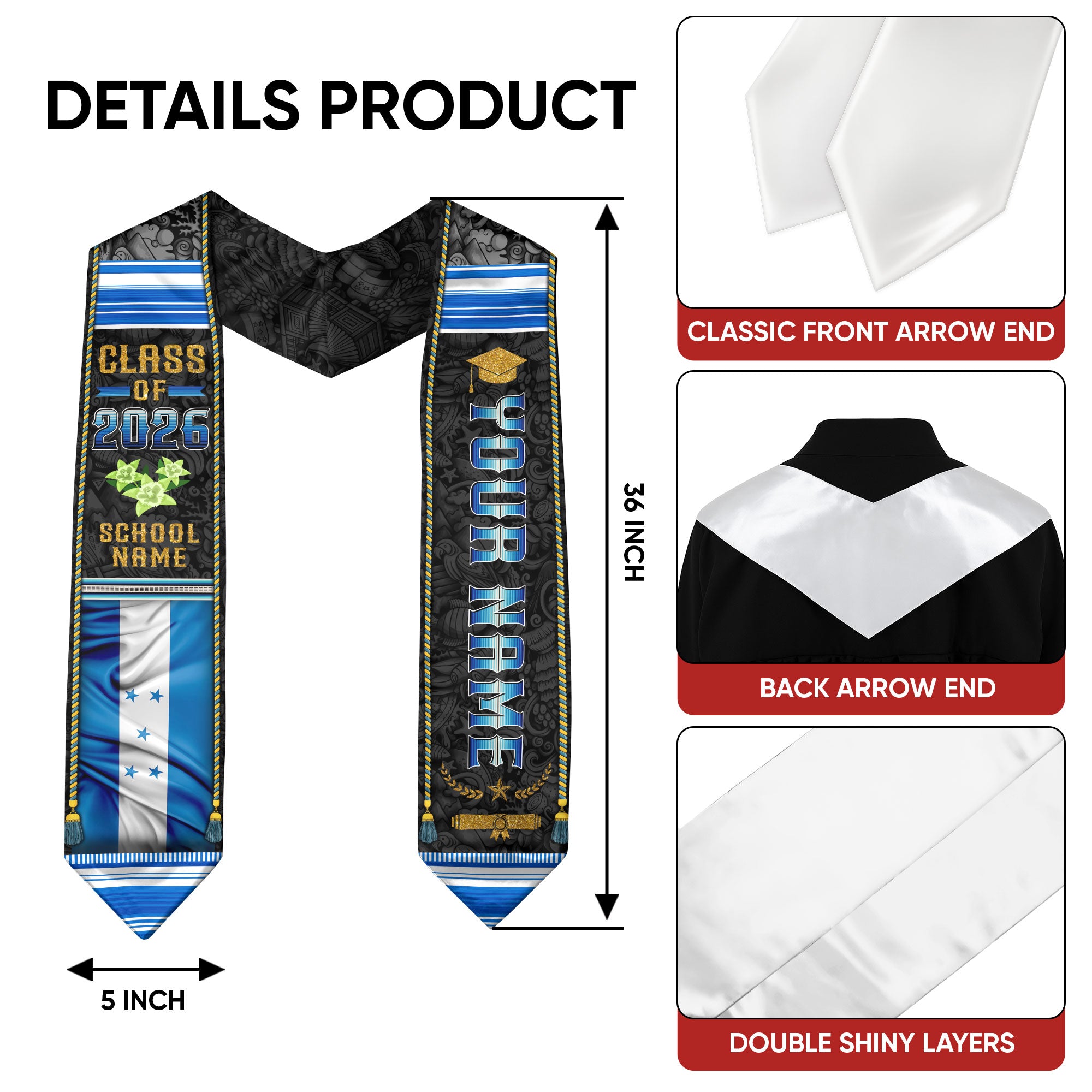 Honduran Graduation Stole 2026, Honduras Flag Sash, Graduation Stole with Custom Details
