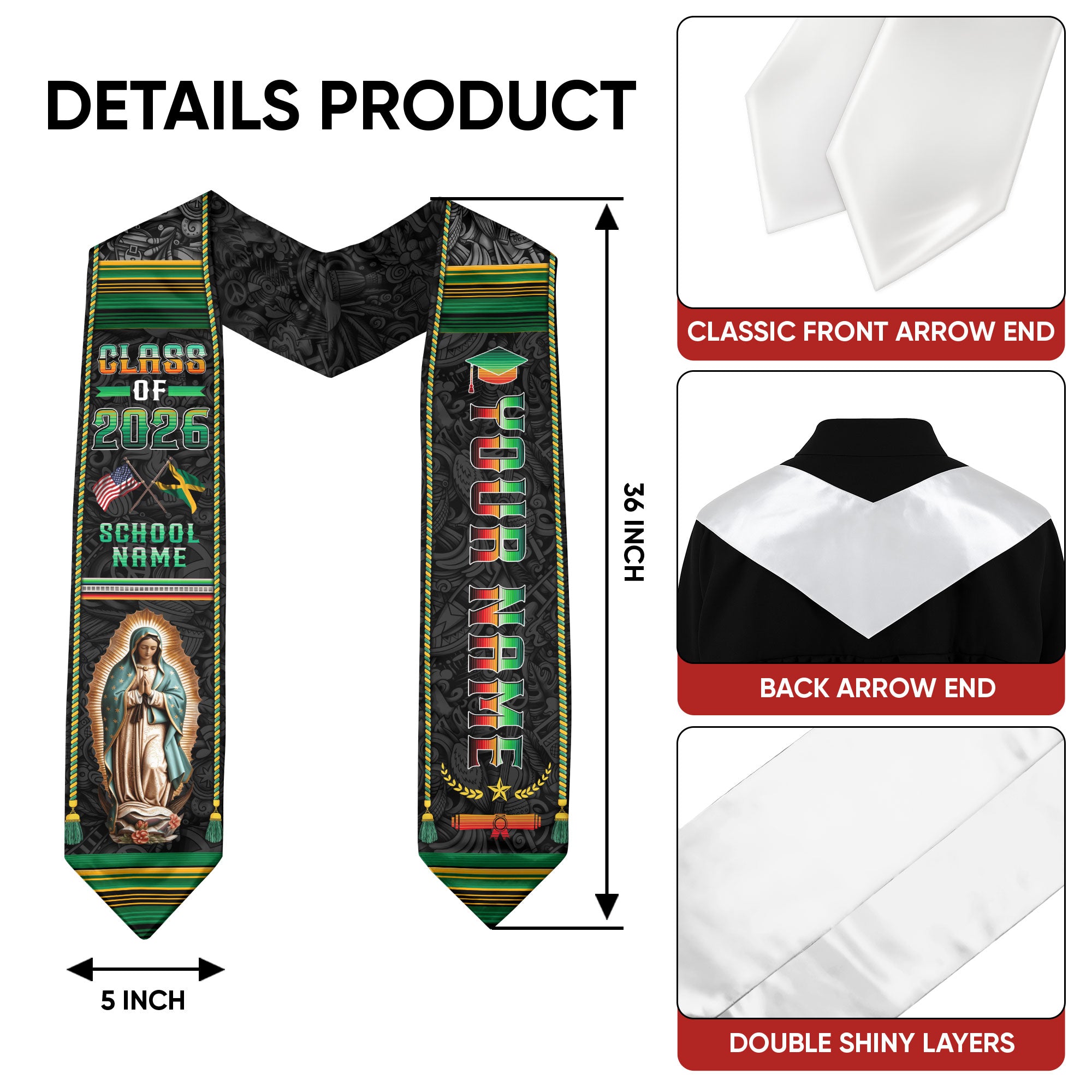 Custom Jamaica Graduation Sash 2026, Jamaican Flag Stole, Graduation Stole 2026 Jamaica