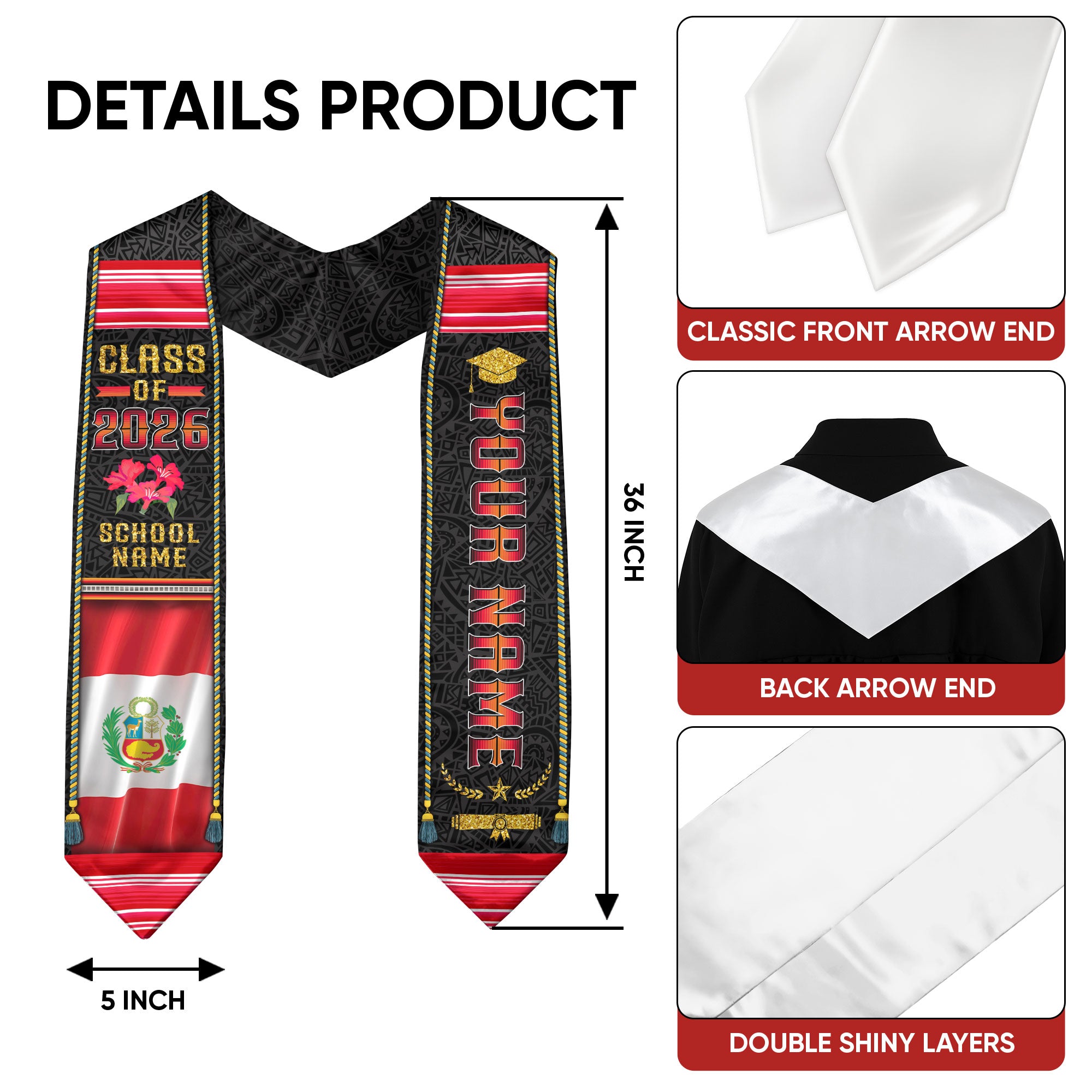 Peruvian Graduation Sash 2026, Peru Flag Graduation Stole, Personalized Detail for Grads