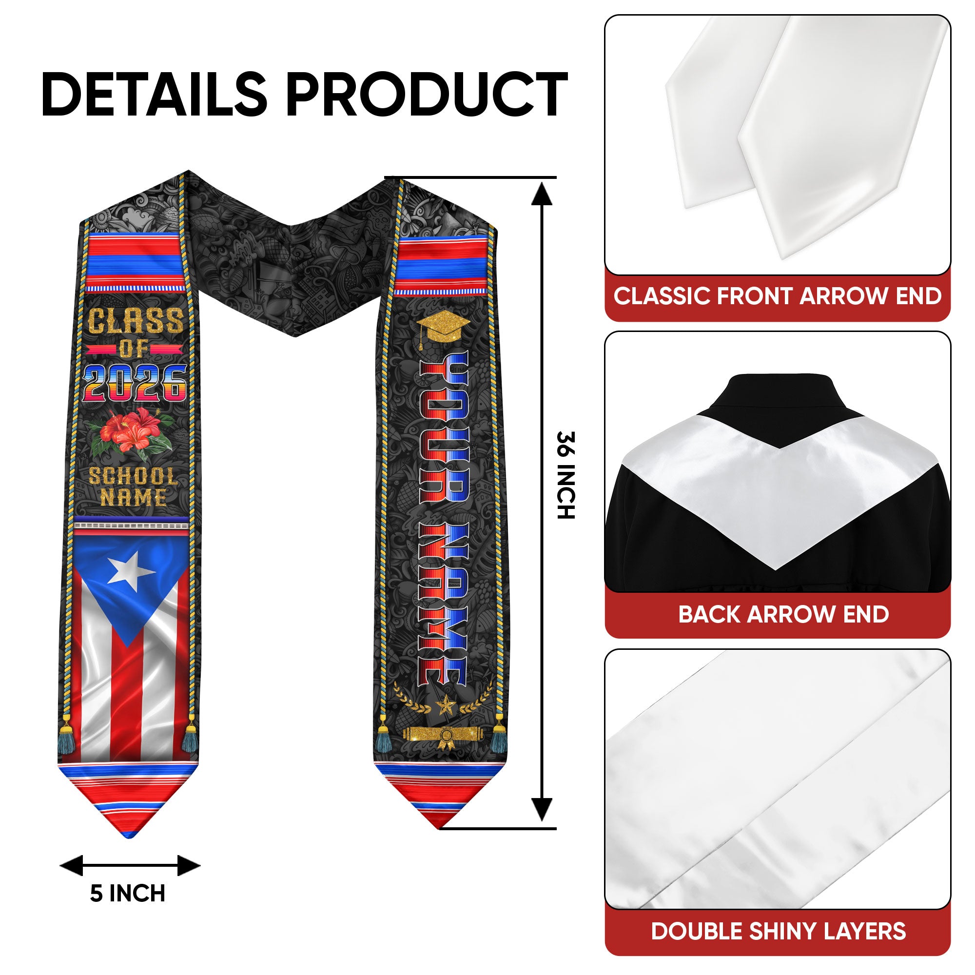 Puerto Rican Flag Graduation Stole 2026, Puerto Rico Stole Sash, Custom Finish for Grads
