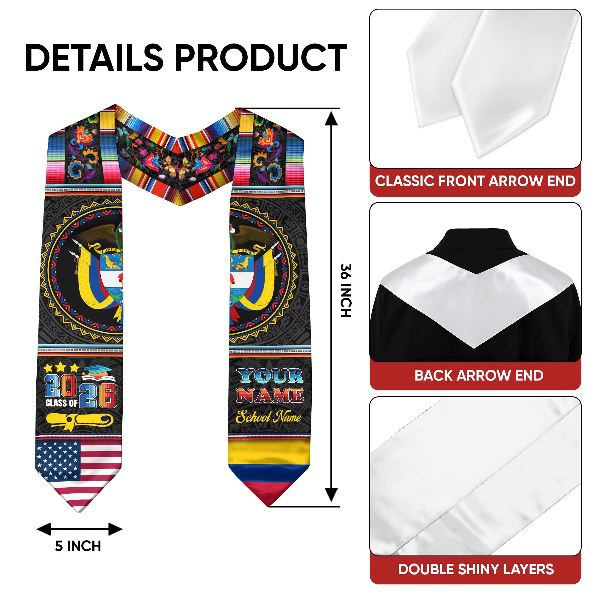 Colombian Graduation Stole 2026, Colombia Flag Sash, Personalized Touch for Graduates
