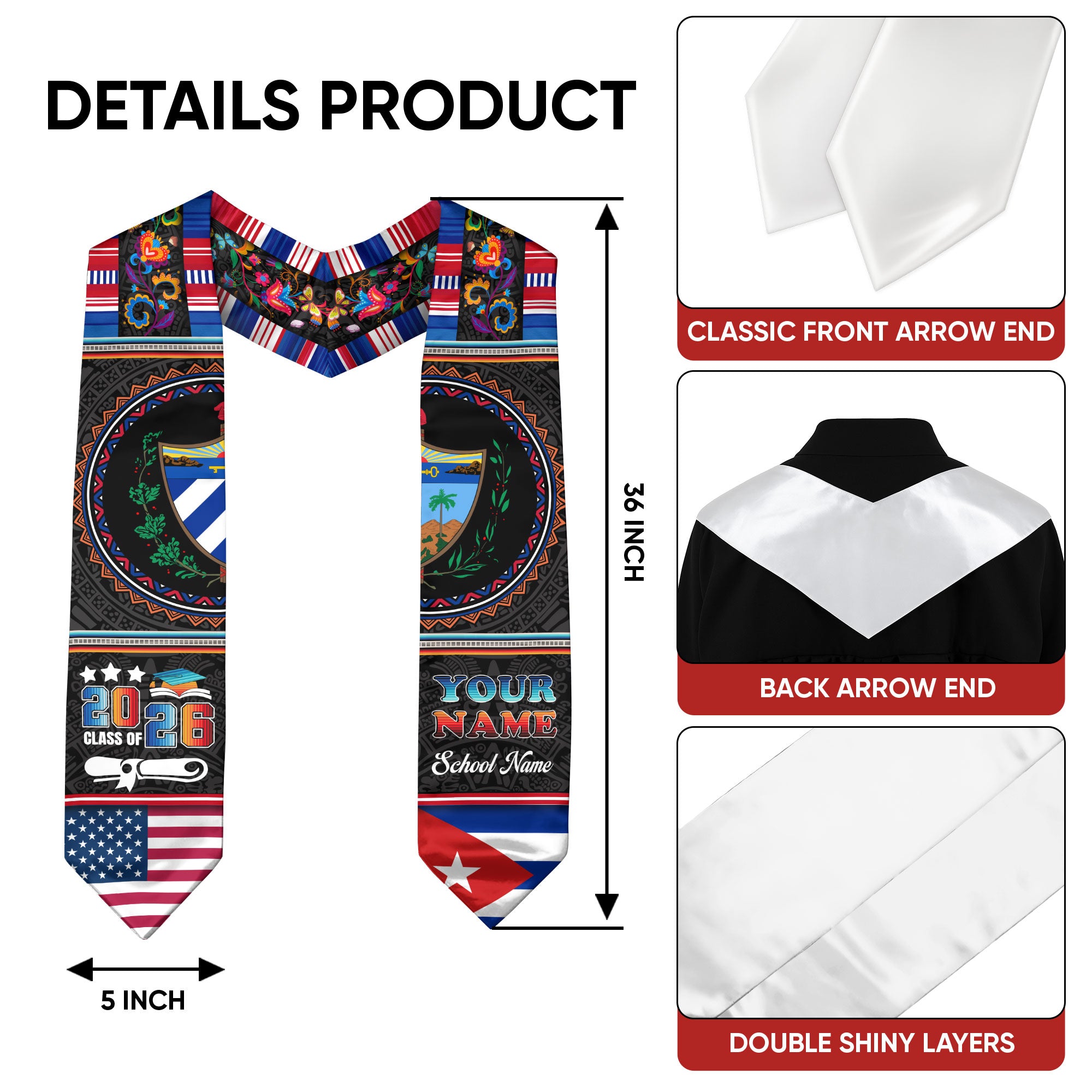 Cuban Graduation Stole 2026, Cuba Flag Sash, Personalized Touch for 2026 Graduates