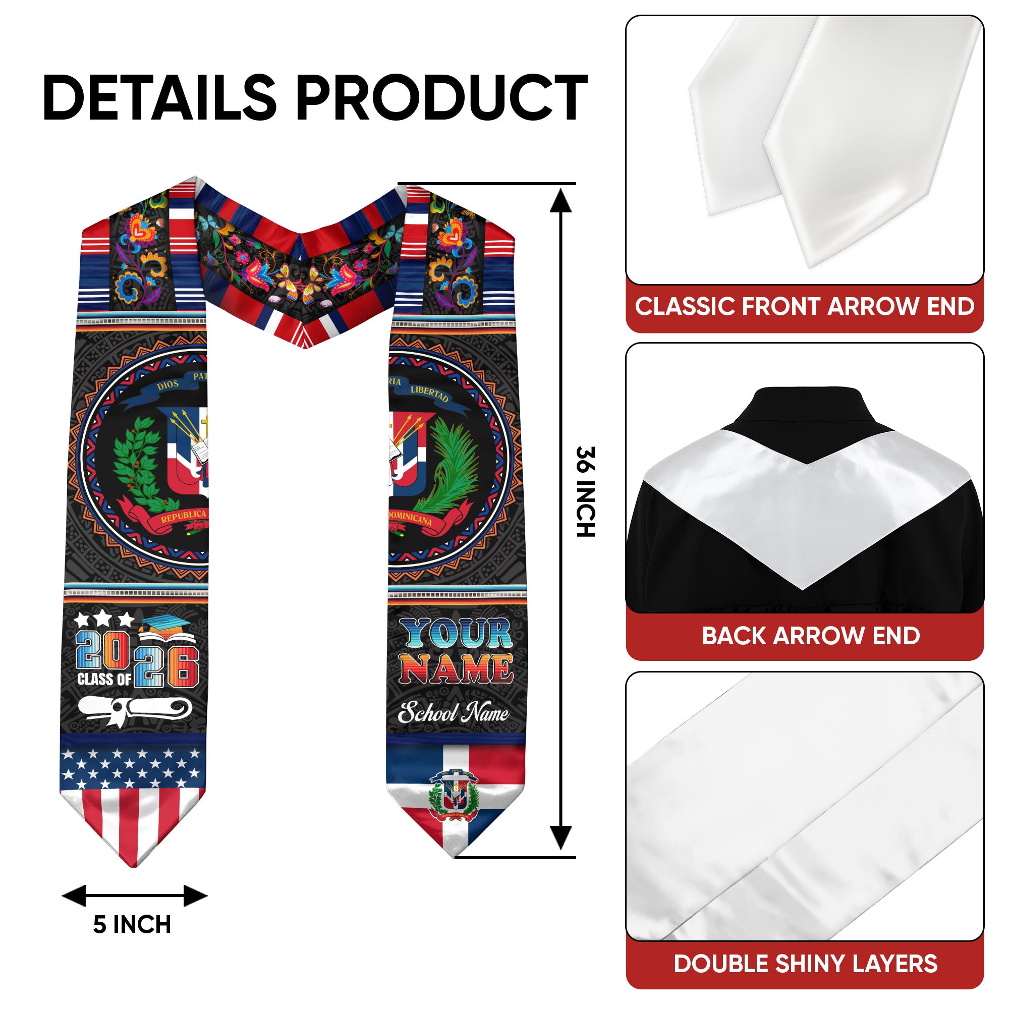 Dominican Graduation Stole 2026, Dominican Flag Sash, Custom Detail Choice for 2026