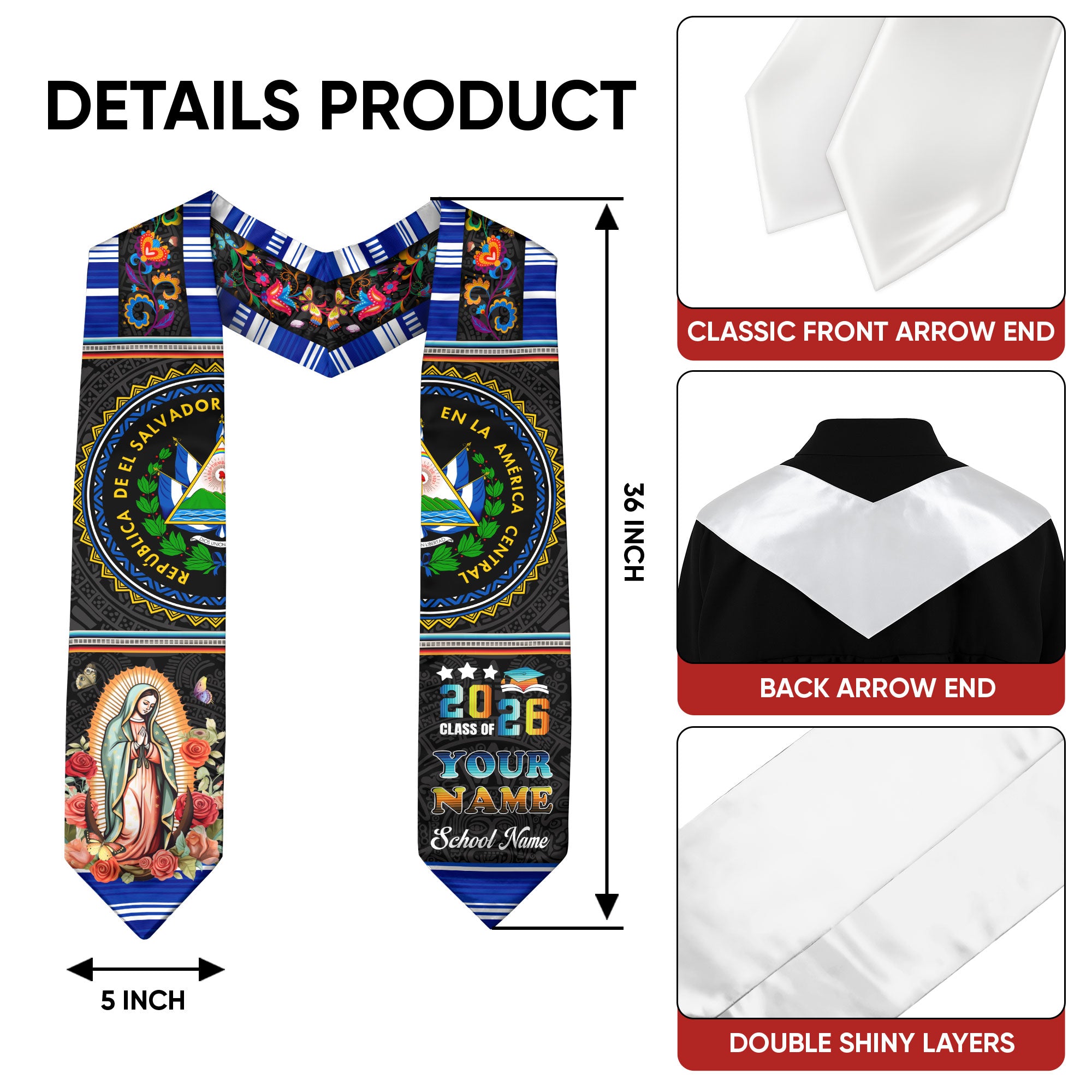 Salvadoran Graduation Stole 2026, El Salvador Flag Sash, Custom Grad Sash for 2026