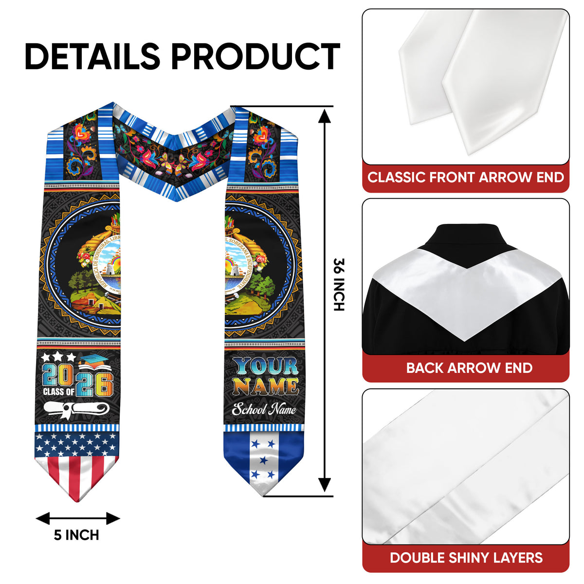 Honduras Graduation Sash 2026, Honduran Flag Stole, Custom Touch Graduation Stole