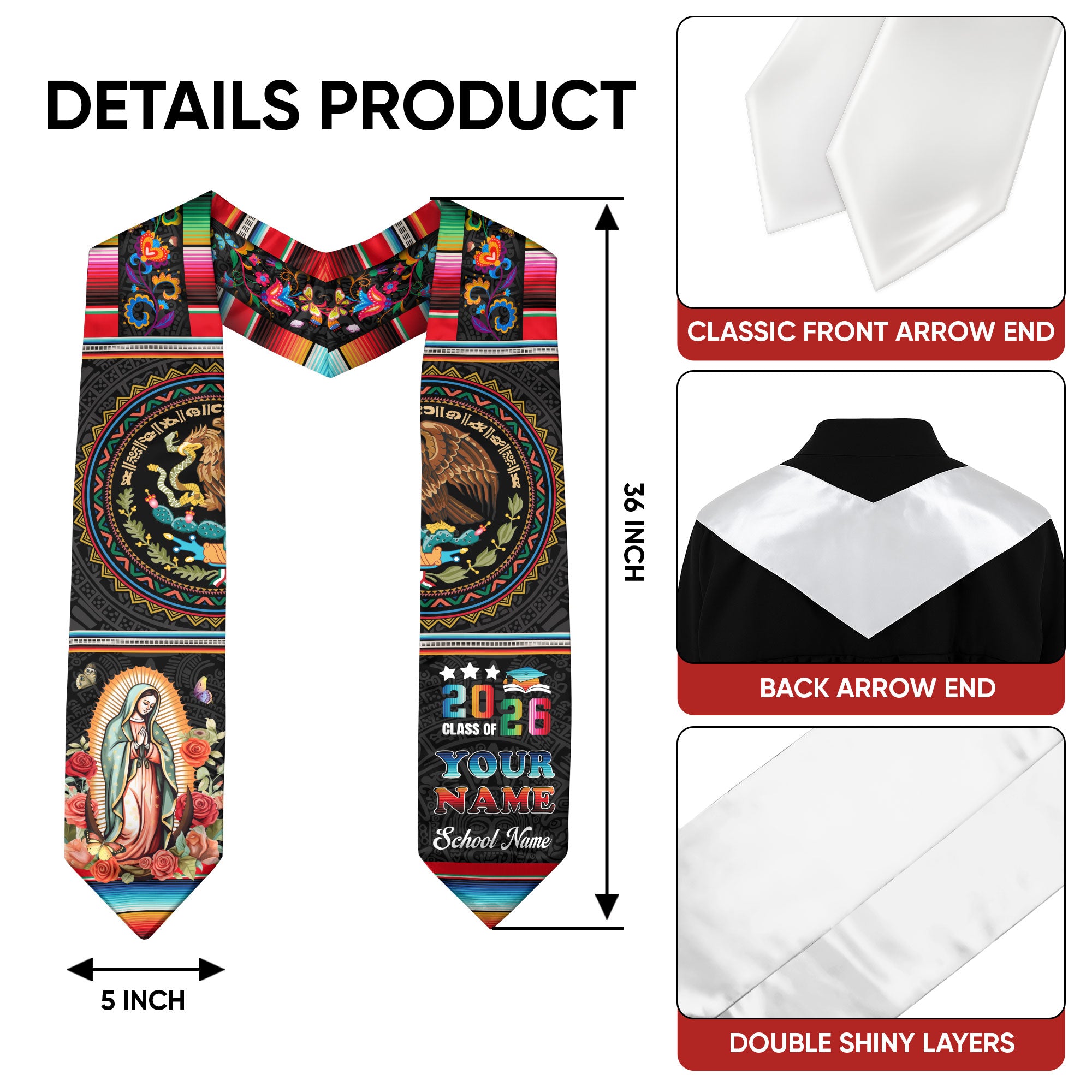 Mexican Graduation Stole 2026, Custom Mexican American Flag Sash, Mexico Graduation Stole
