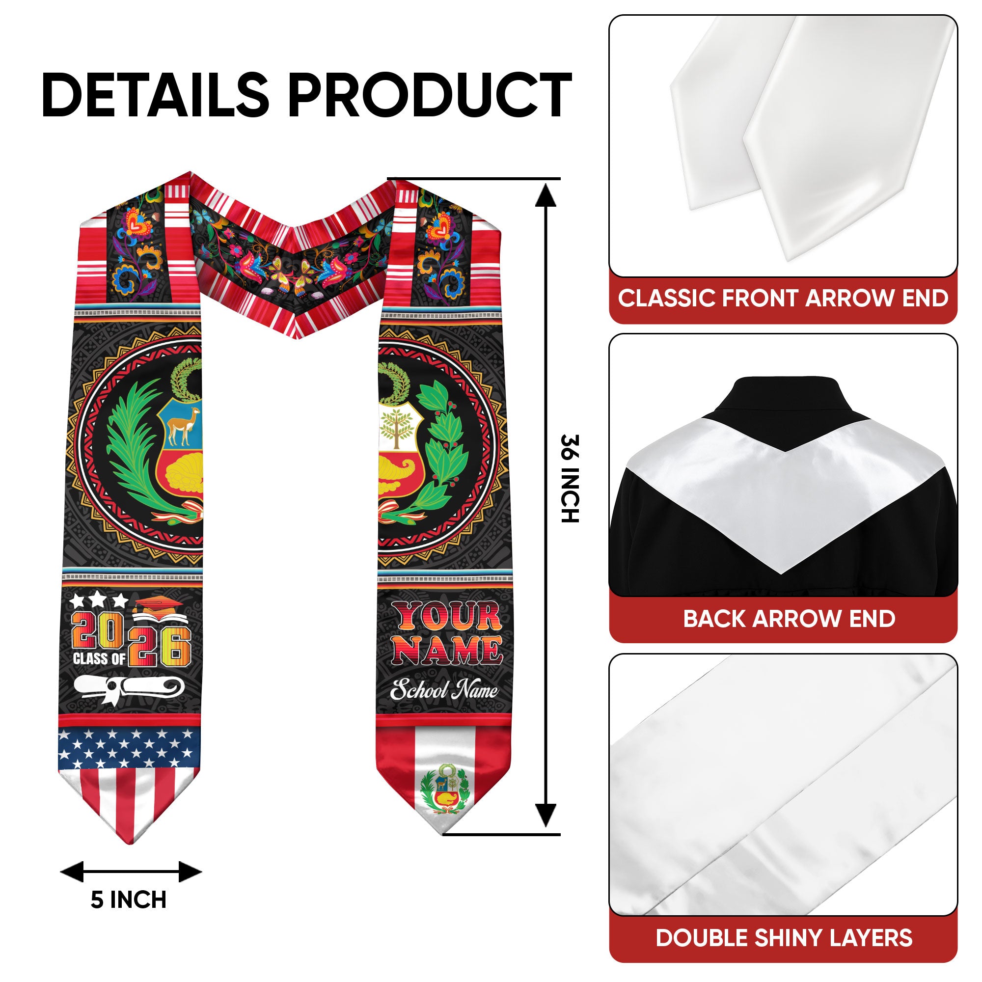 Peru Graduation Stole 2026, Peruvian Flag Sash, Custom-Ready Style for Class of 2026
