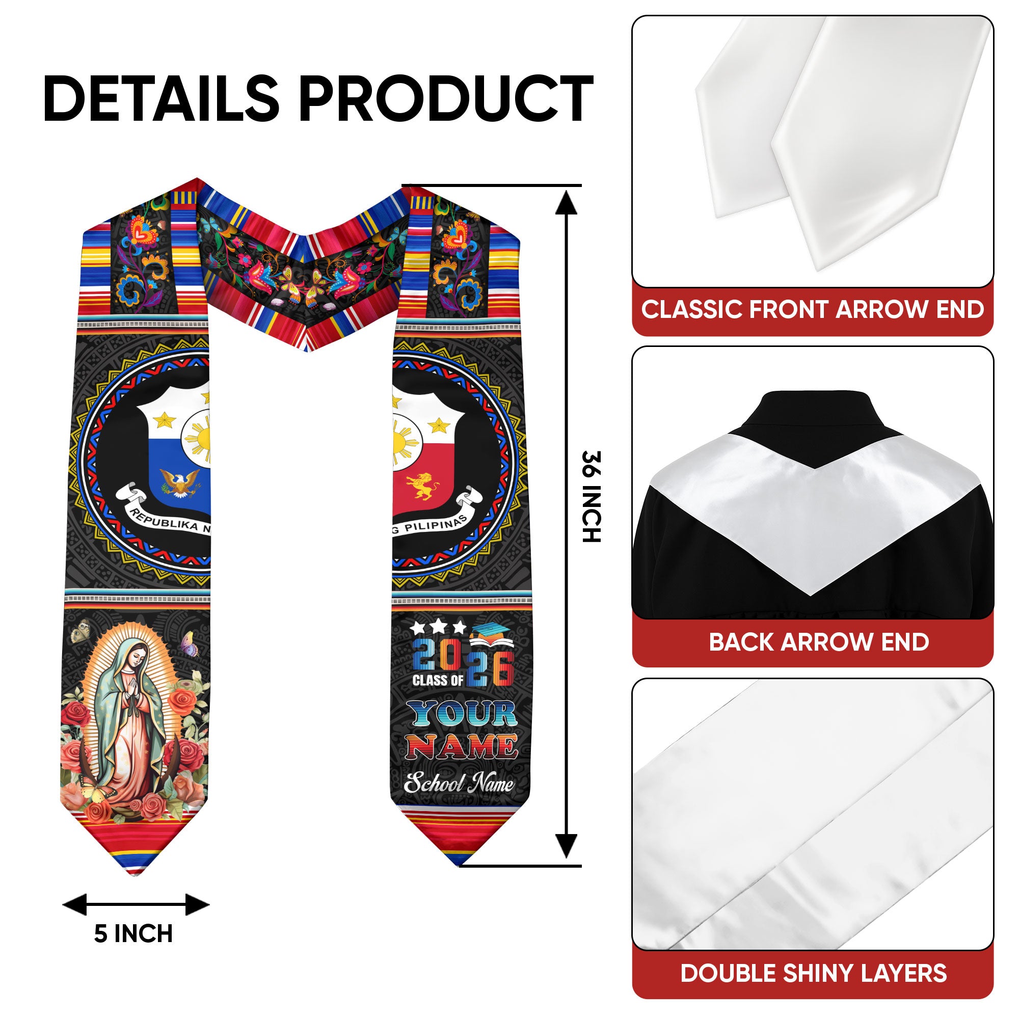 Filipino Graduation Stole 2026, Philippines Flag Sash, Custom Grad Sash for Class of 2026