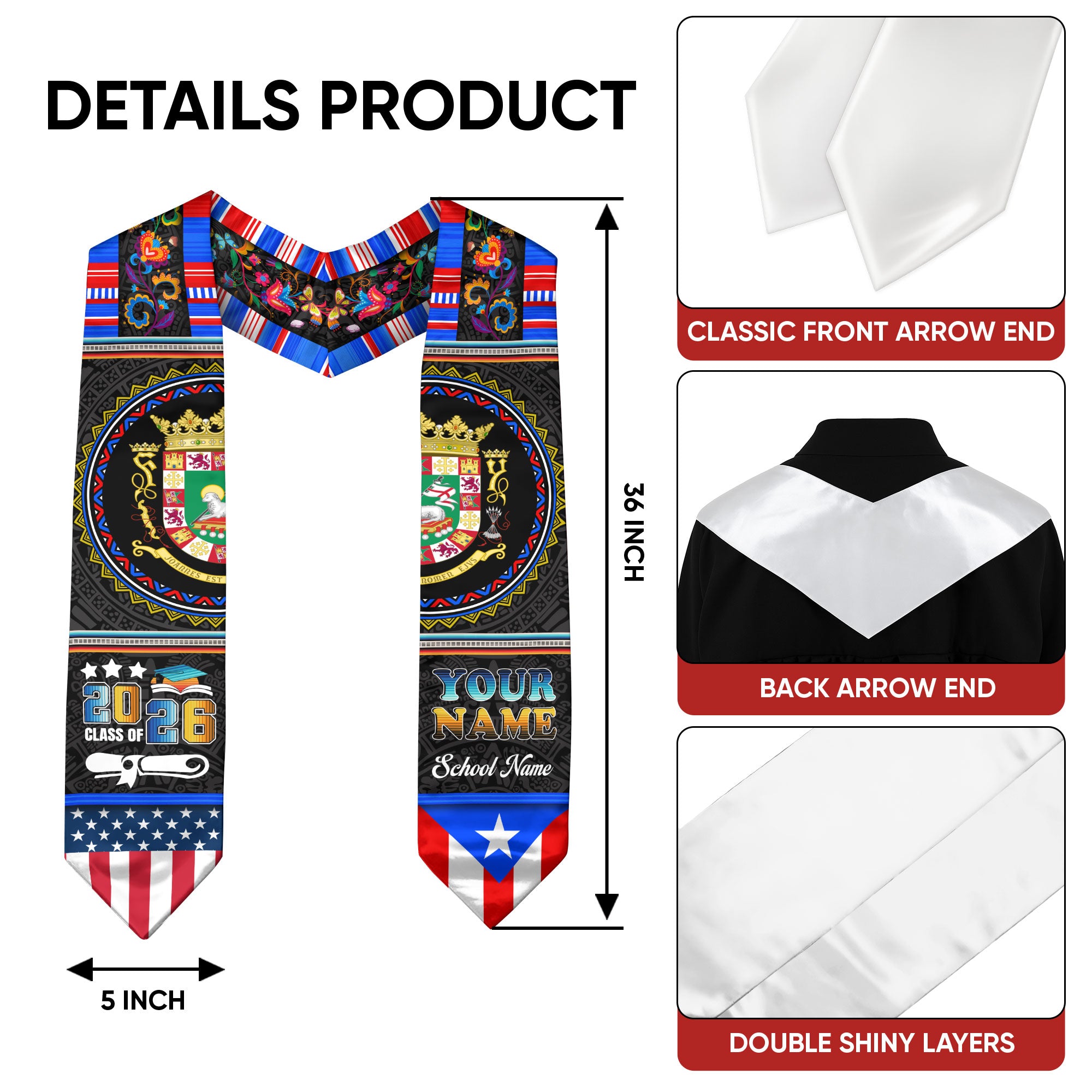 Puerto Rican Graduation Stole 2026, Puerto Rico Flag Sash, Custom Detail Choice 2026