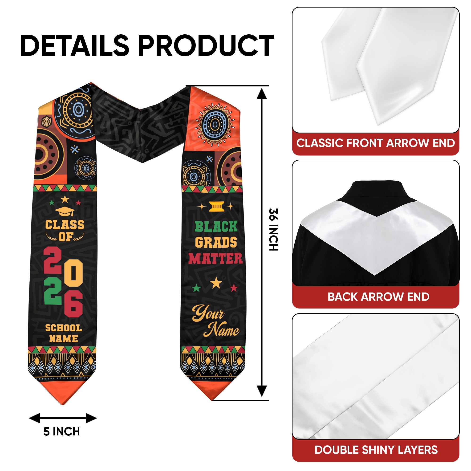 Africa Graduation Stole 2026, African Flag Sash, Class of 2026 Custom Trim for Grads