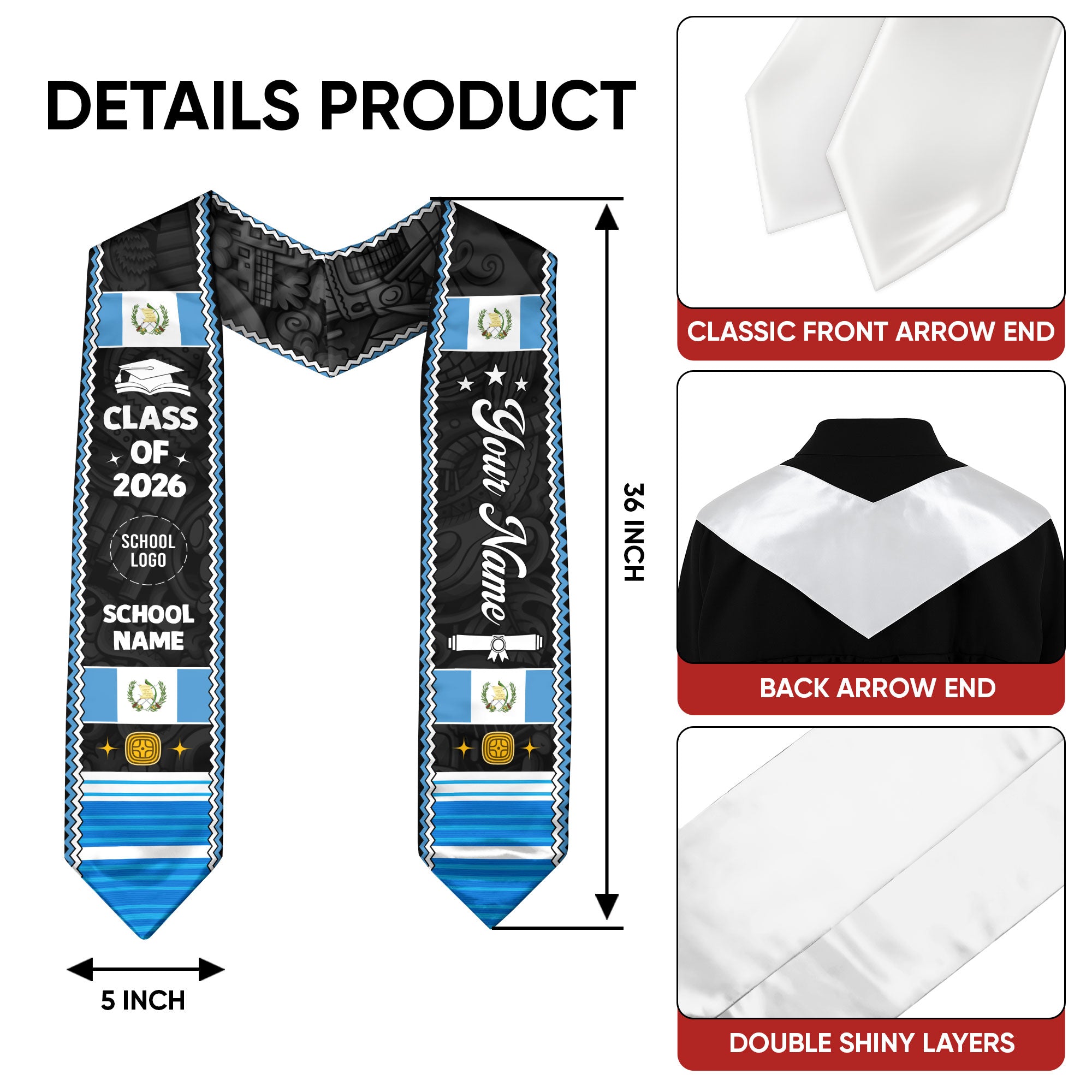 Customized Guatemala Flag Graduation Stole 2026, Guatemalan Graduation Sash, Polished Custom Look