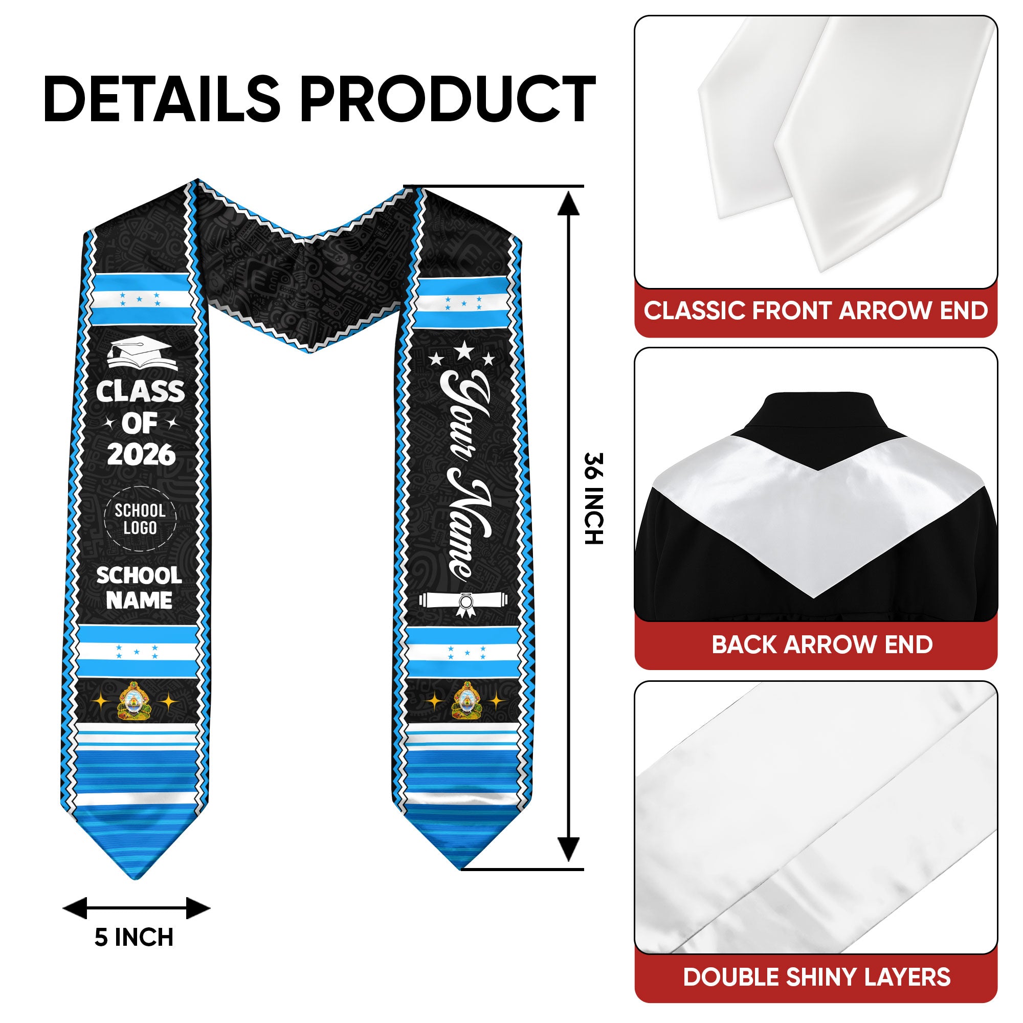 Honduras Flag Graduation Stole, 2026 Stole for Graduates, Custom Graduation Sash
