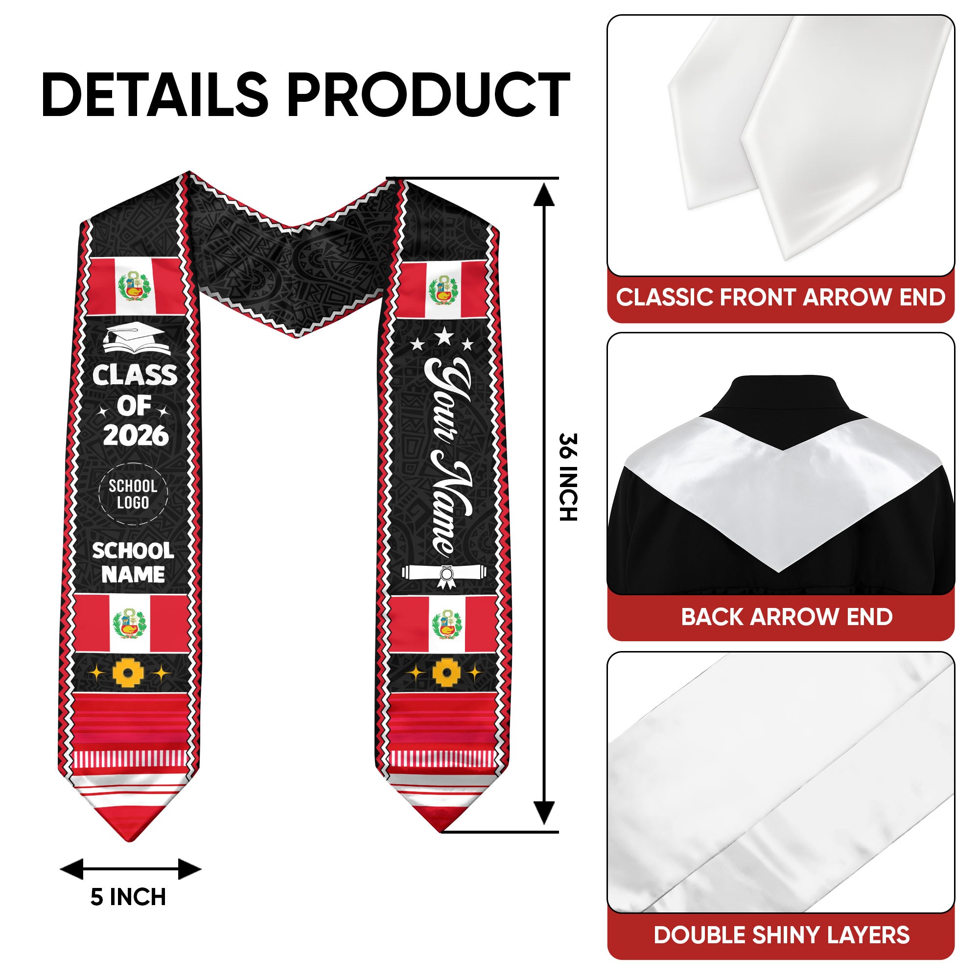 Custom Peruvian Stole for Graduation 2026, Peru Flag Stole, Peru Sash