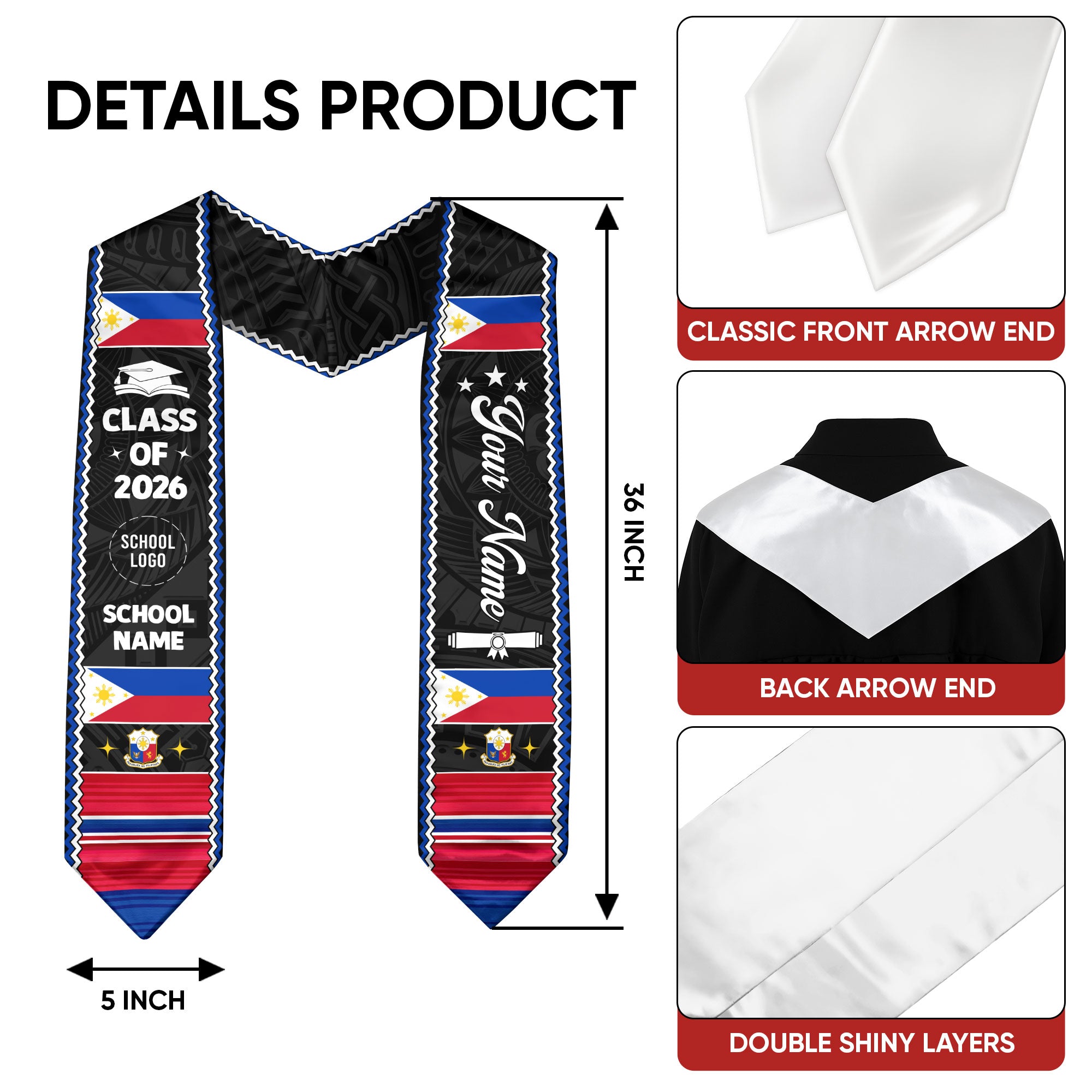 Philippine Graduation Stole 2026, Custom Philippine Flag Sash, Cultural Graduation Accessory