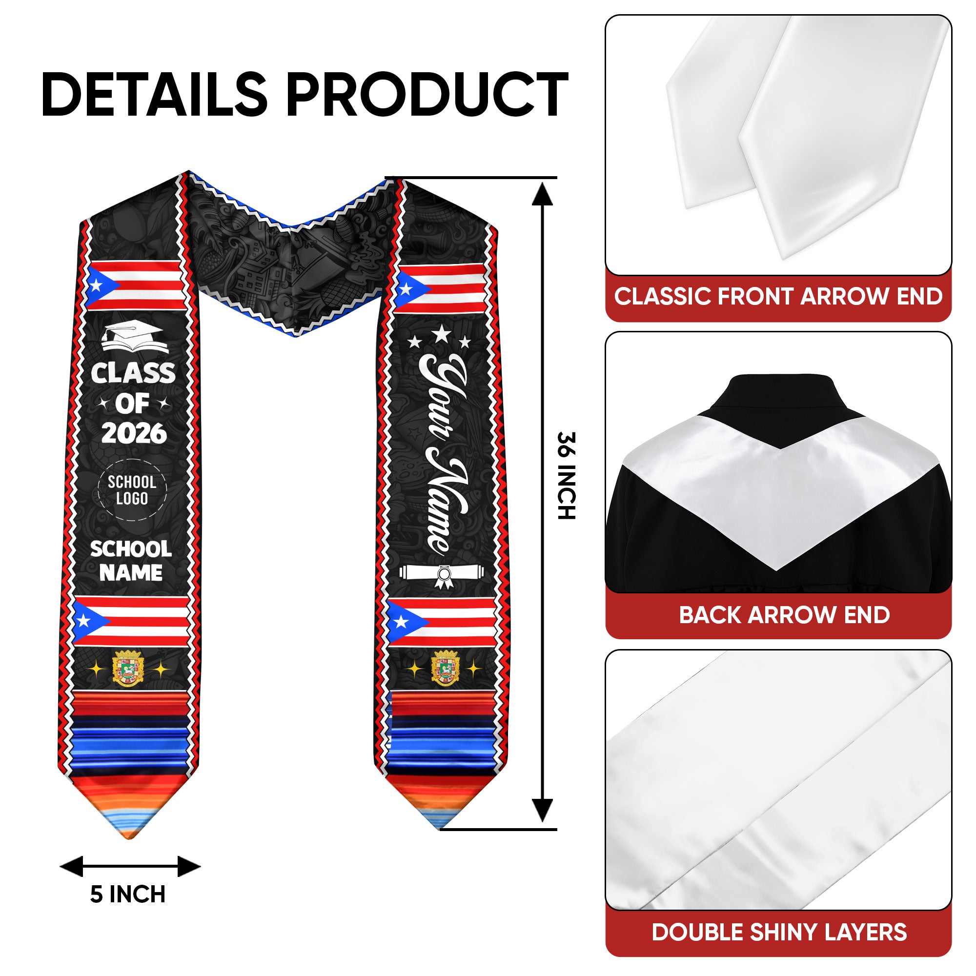 Puerto Rico Stole 2026, Puerto Rican Flag Stole, Graduation Sash for Puerto Rican Pride