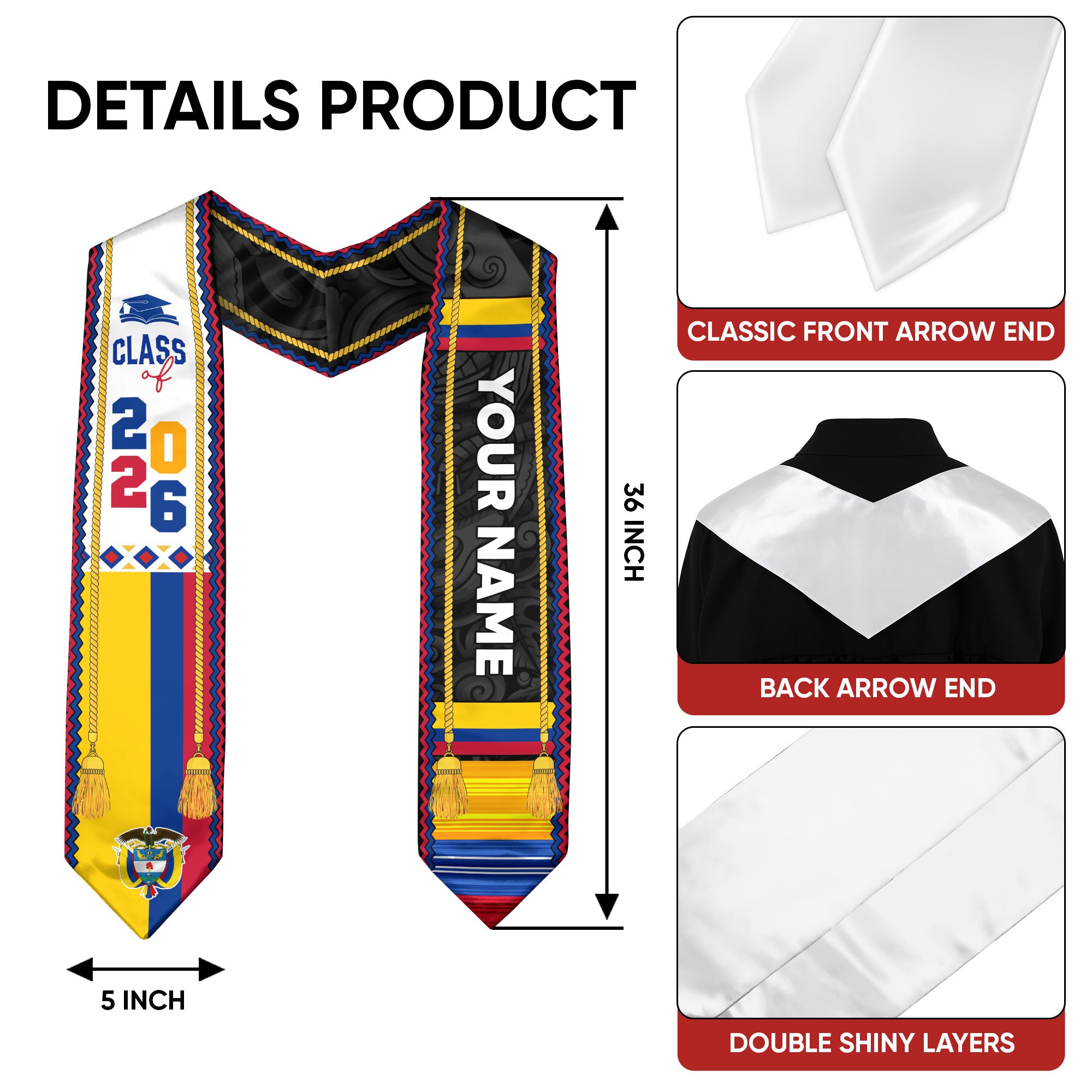 2026 Colombian Graduation Stole, Colombia Flag Stole, Custom Sash for Graduation