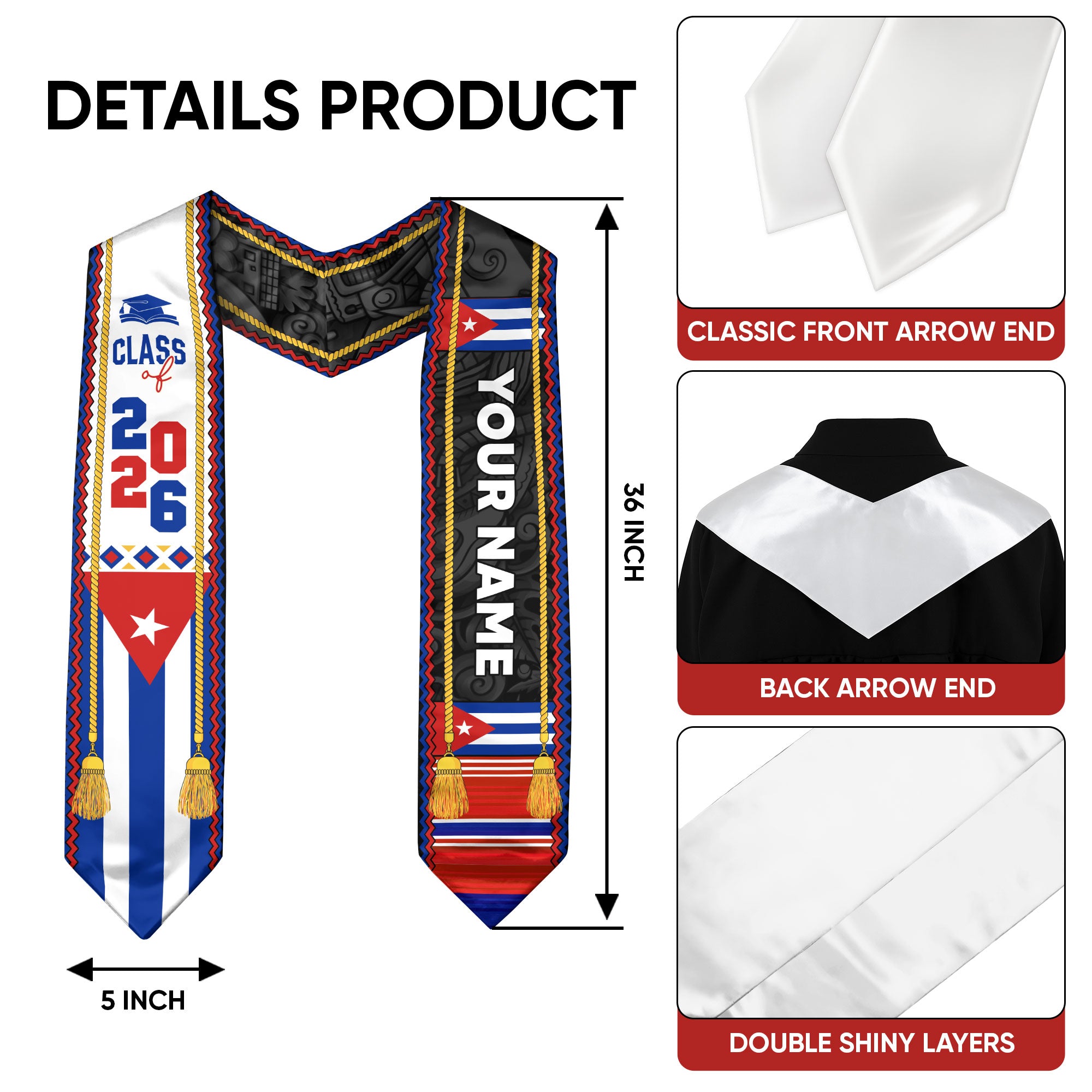 2026 Cuba Stole, Cuban Flag Graduation Sash, Graduation Stole for Cuban Pride