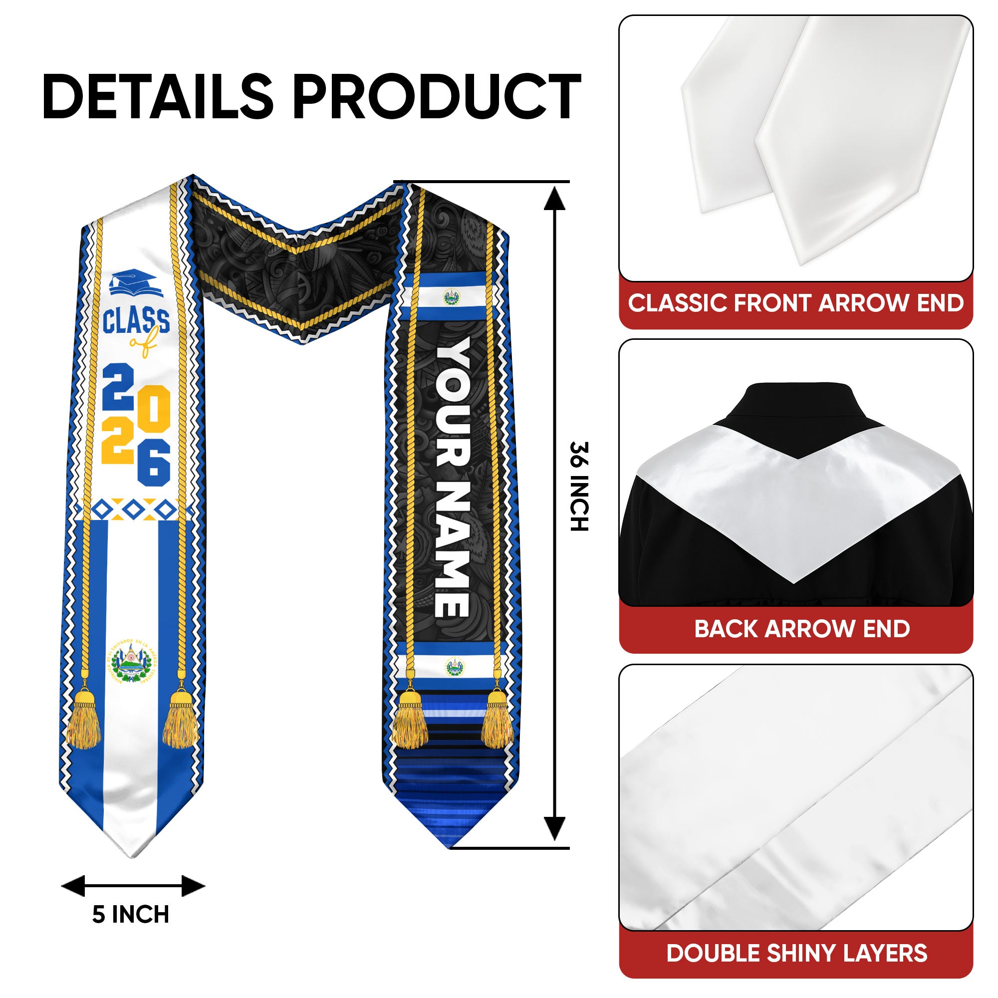 2026 El Salvador Graduation Stole, Salvadoran Flag-Inspired Graduation Accessory