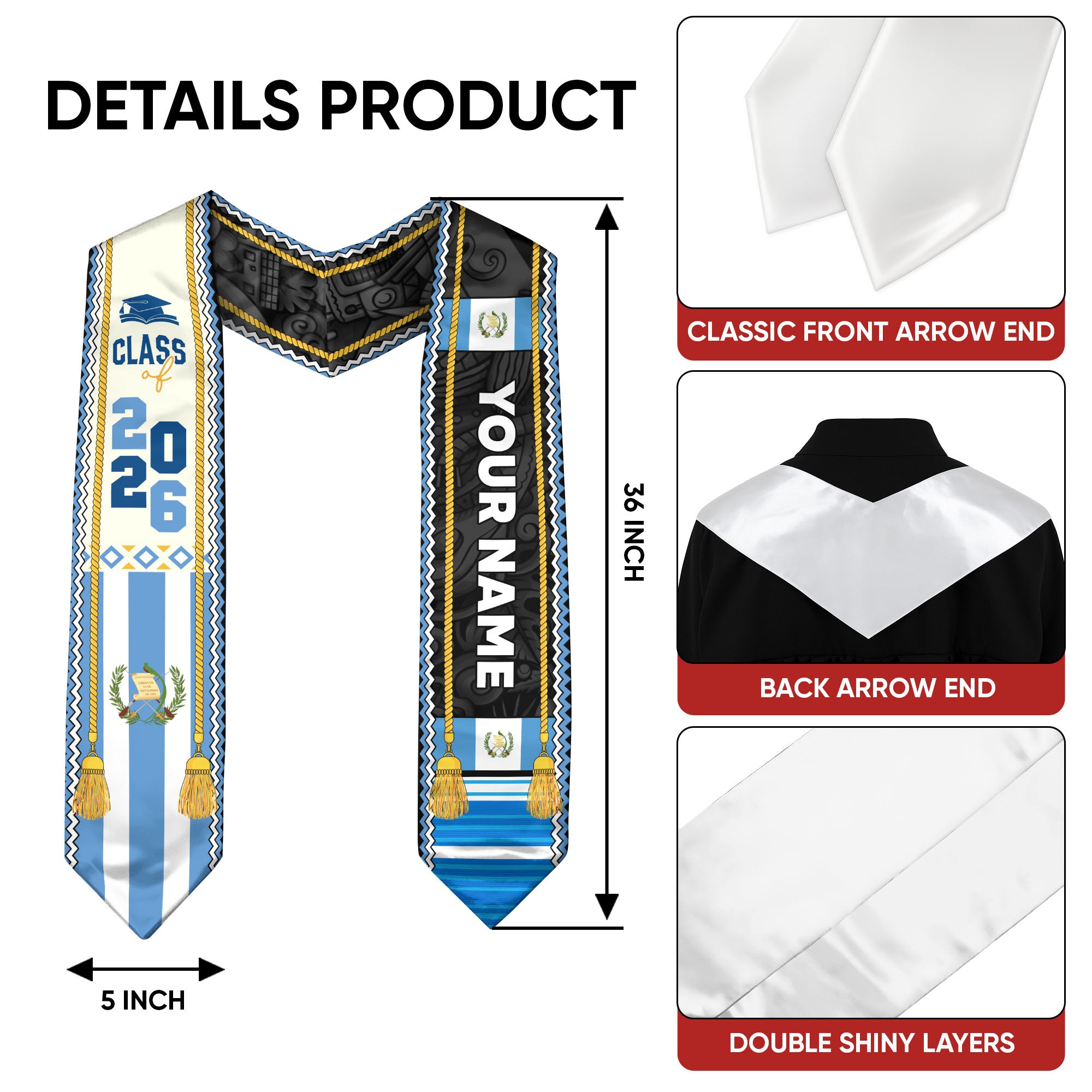Customized Guatemalan Graduation Stole 2026, Guatemala Flag Sash, Formal Personalized Graduation Style