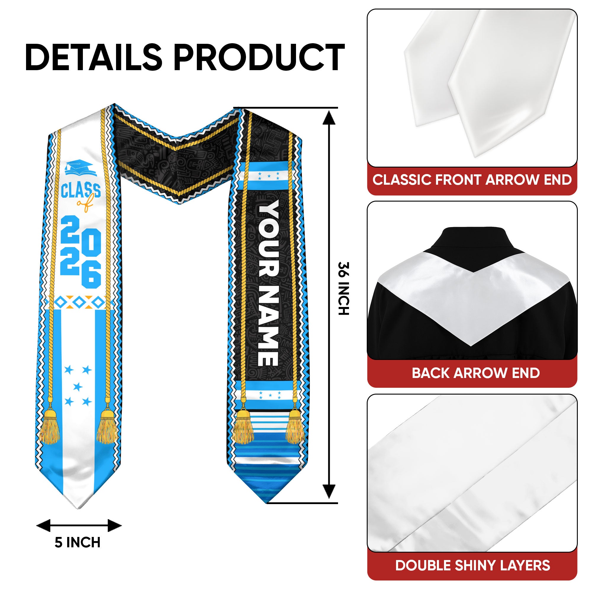 2026 Graduation Stole Honduras, Custom Honduras Flag Stole, Personalized Graduation Accessory