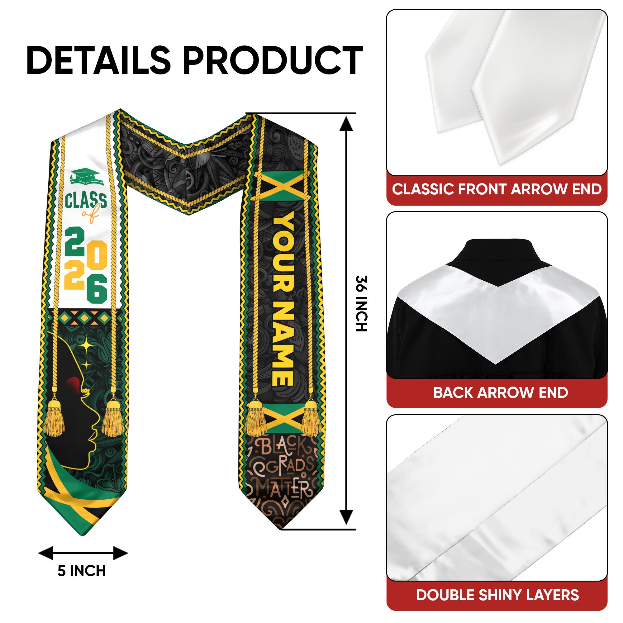 2026 Jamaican Stole, Custom Jamaican Flag Sash, Graduation Stole, Flag Inspired Stole