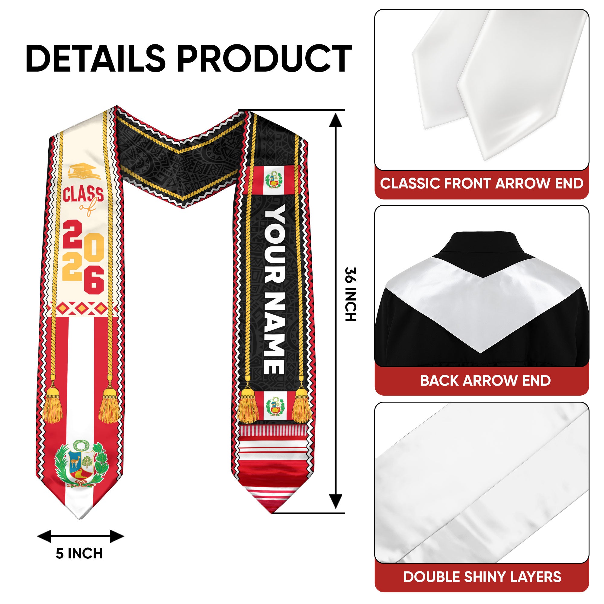 Peru Graduation Sash, Peruvian Stole 2026, Custom Peru Flag Graduation Stole