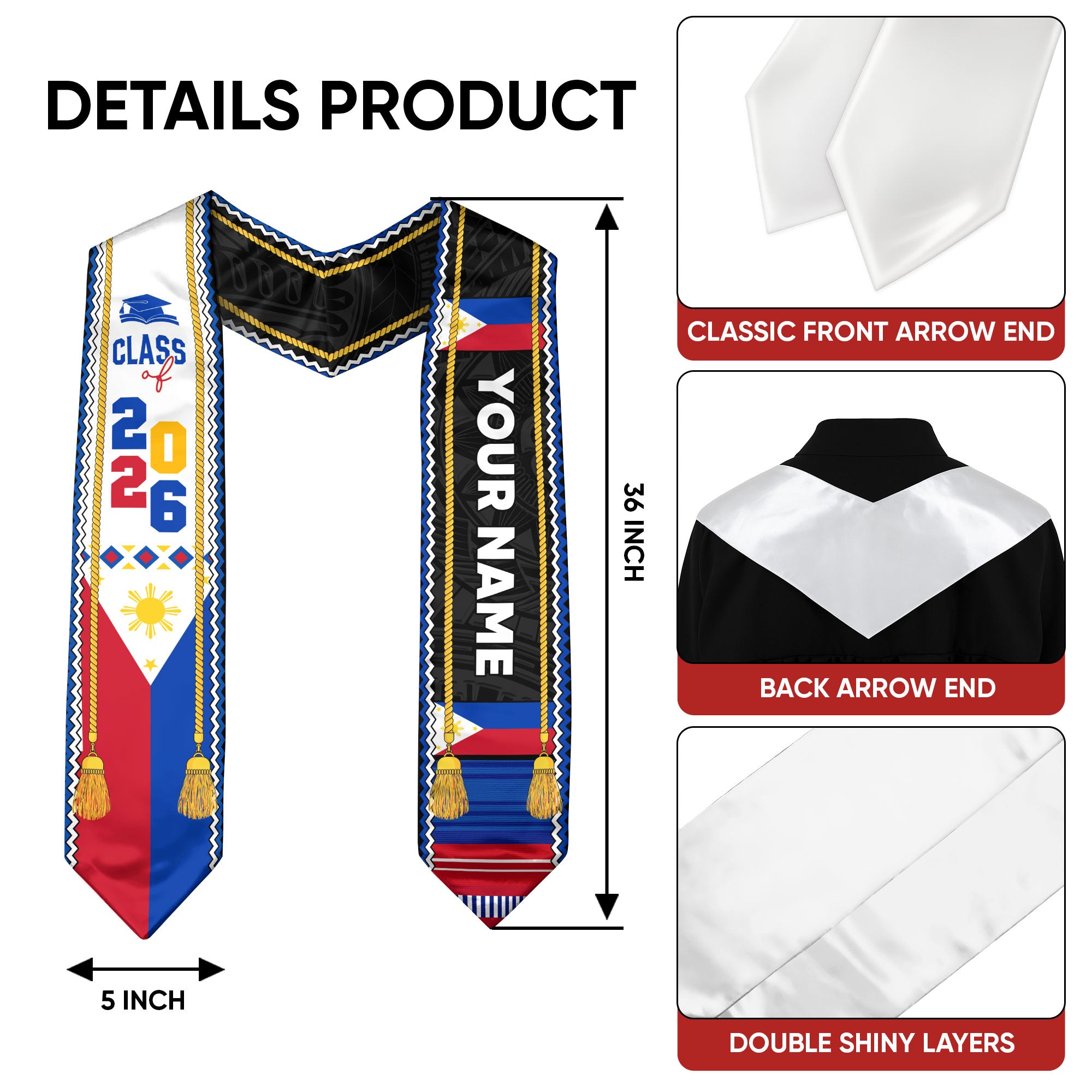2026 Philippines Flag Graduation Sash, Custom Stole for Graduation, Unique Filipino Gift