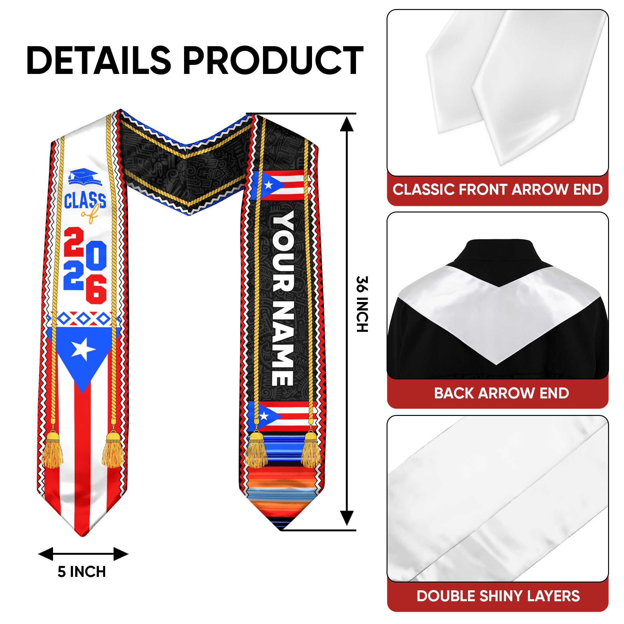 Graduation Stole 2026, Puerto Rican Flag Stole, Custom Puerto Rico Graduation Sash