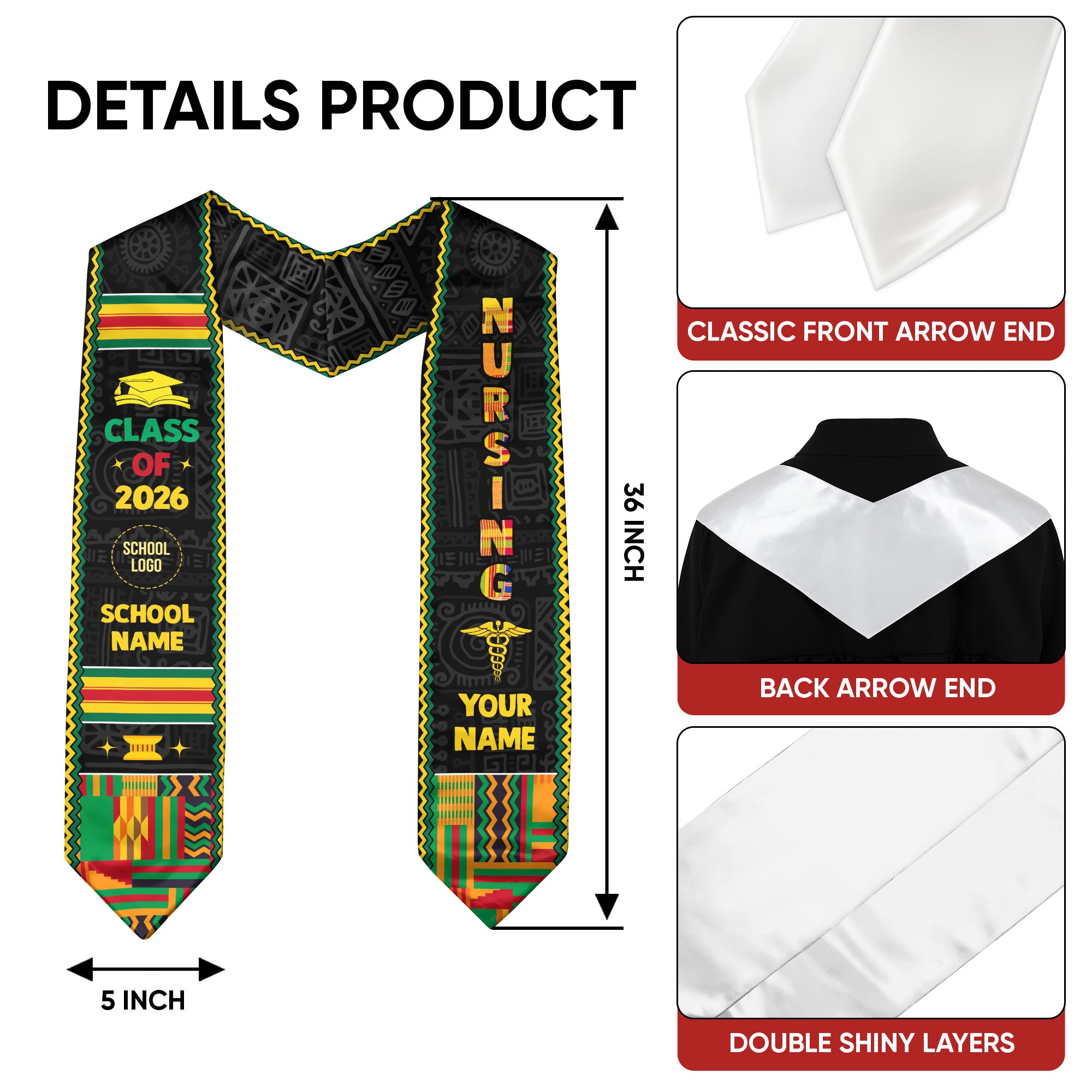 Customized Pan African Nursing Graduation Stole for RN Nurses, BSN Graduation Sash 2026