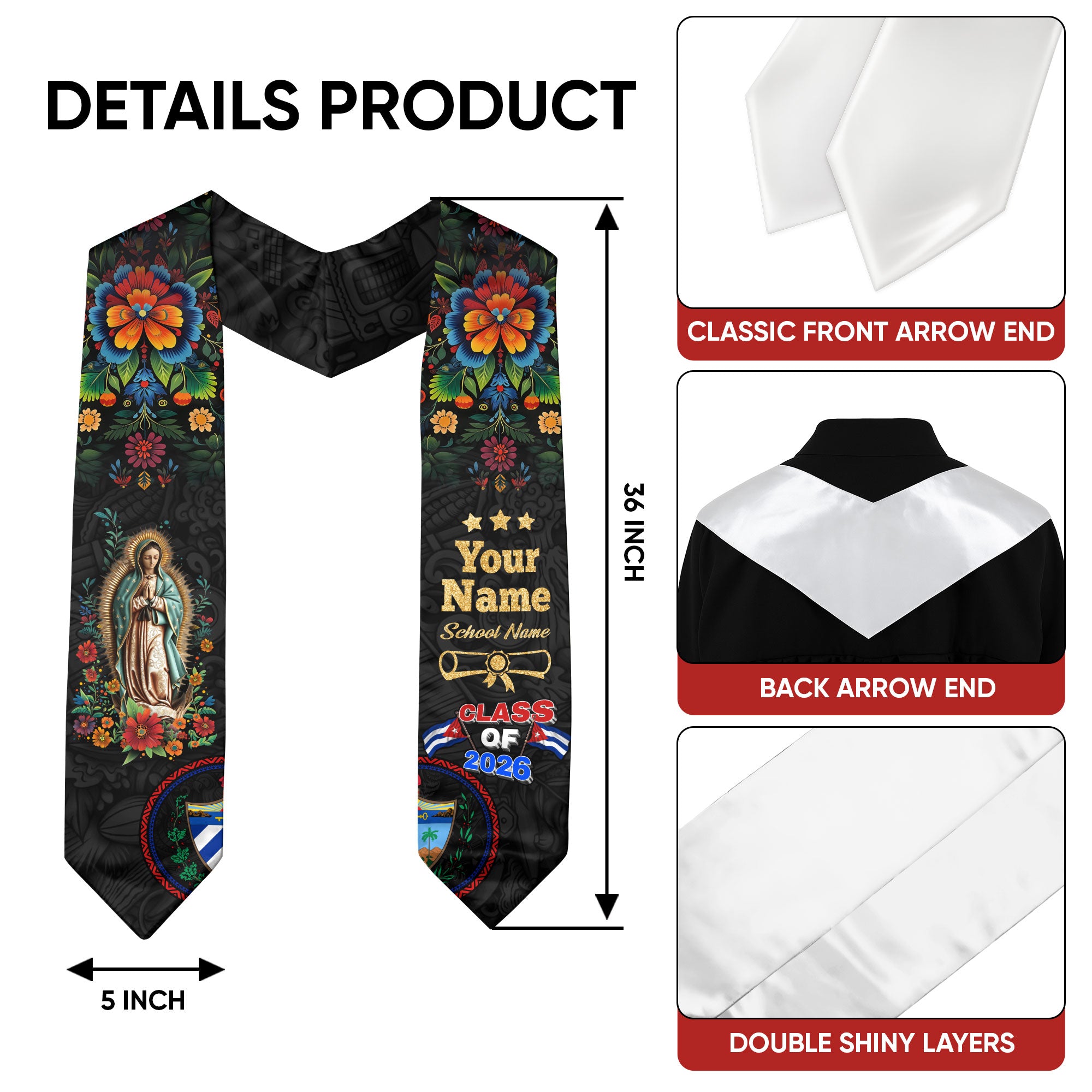 Cuba Graduation Stole 2026, Cuban Flag Graduation Sash, Personalized Cuba Stole