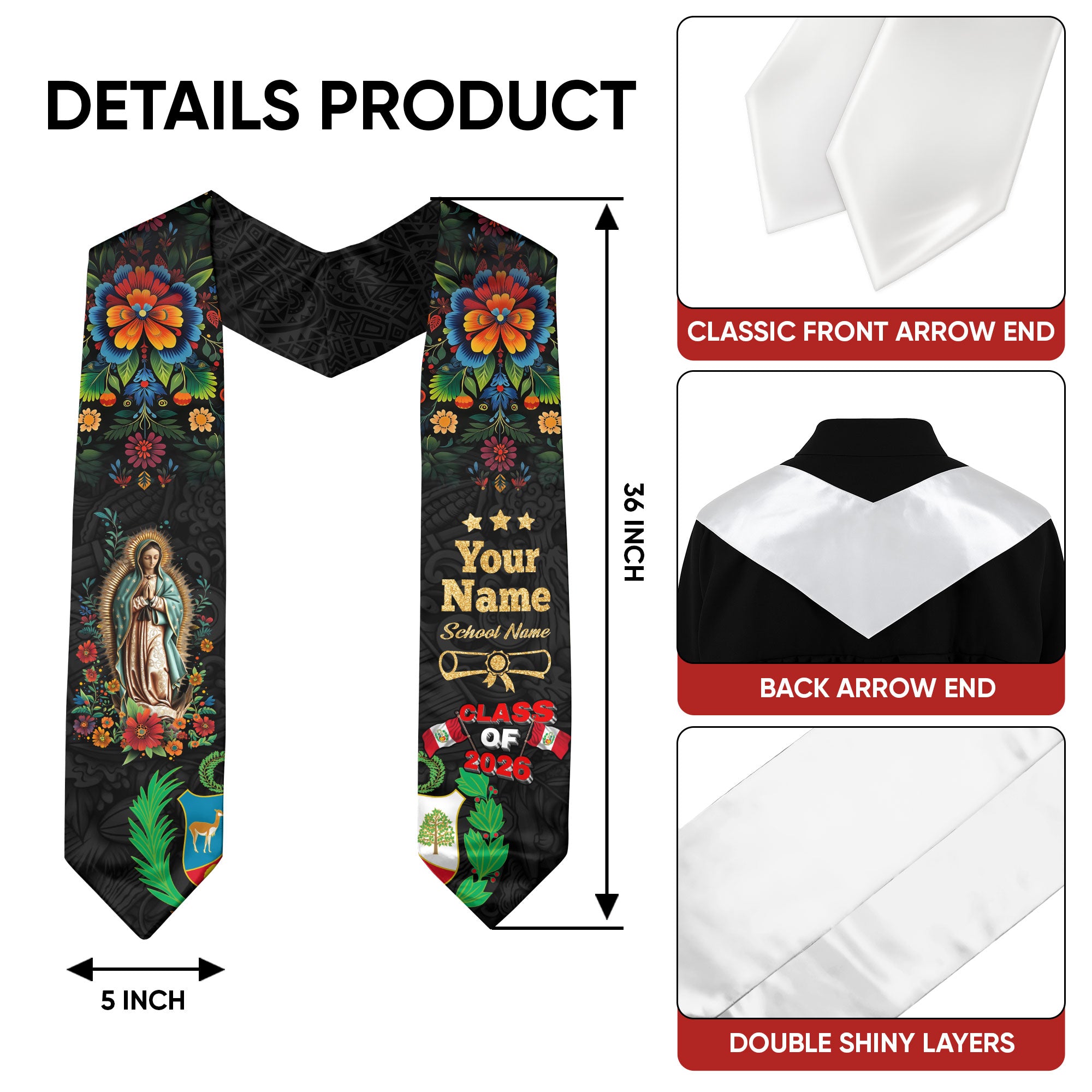Peru Graduation Sash, Peruvian Flag Stole 2026, Custom Peru Graduation Stole
