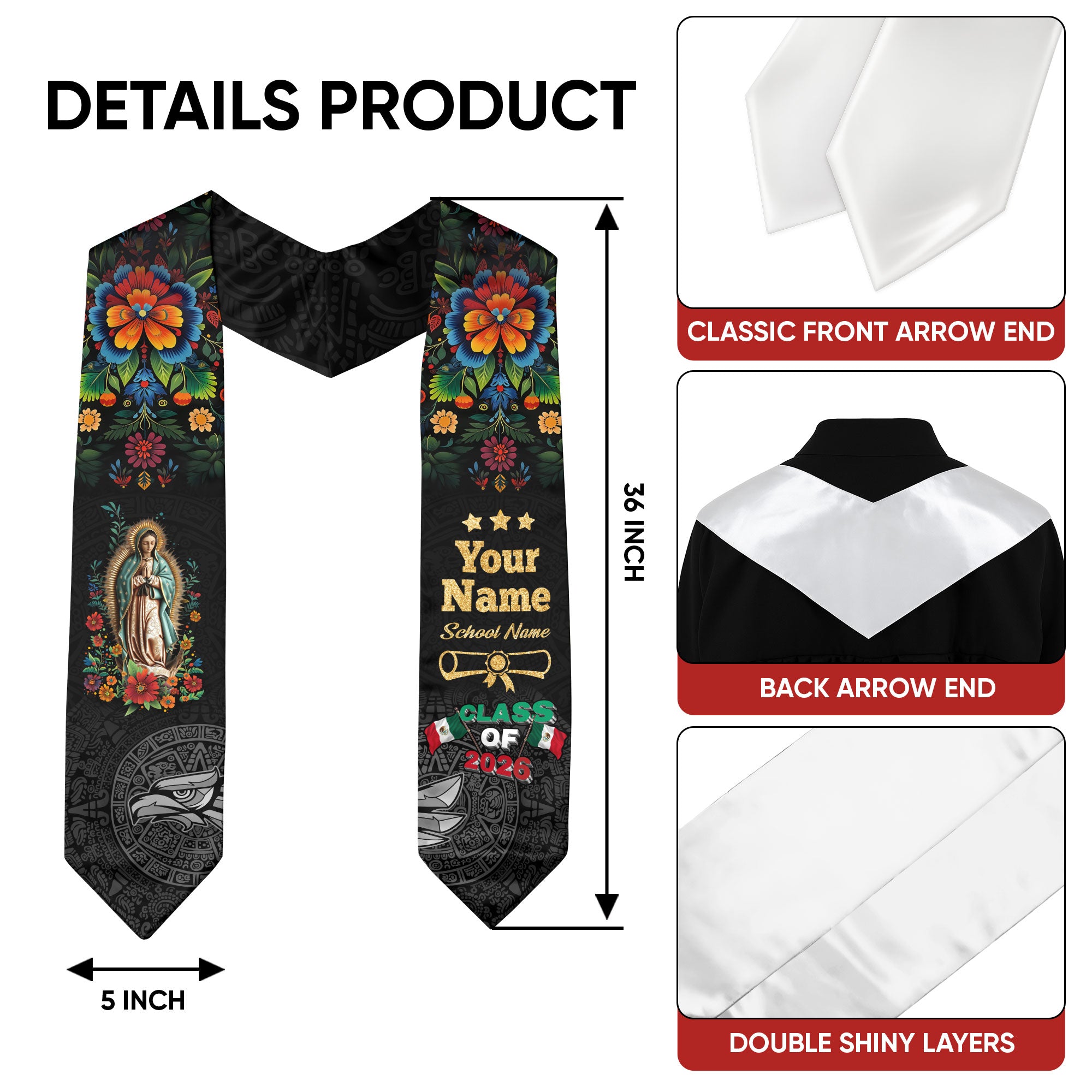 Mexico Graduation Stole 2026, Mexican Flag Sash, Class of 2026 Custom Trim for Grads