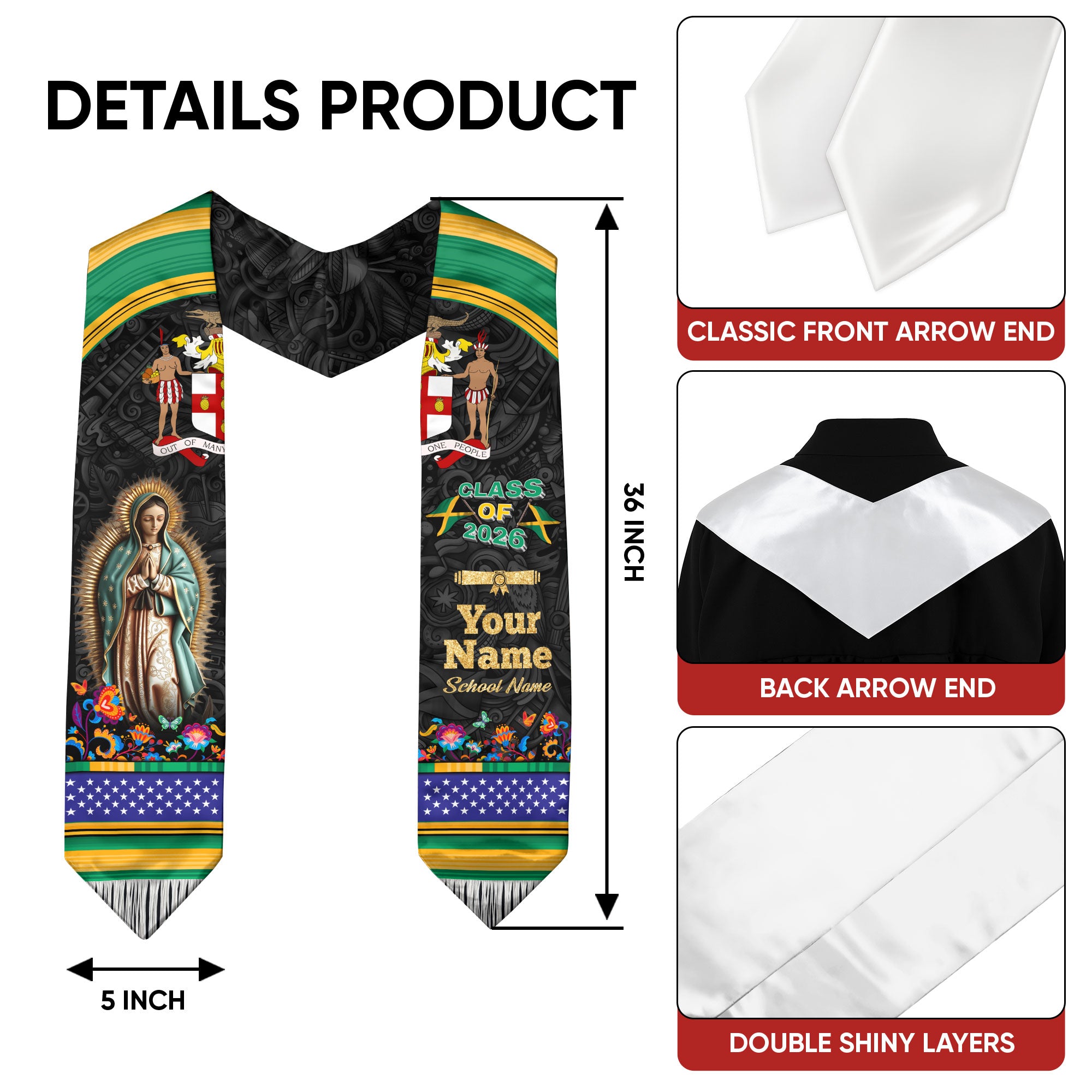 Jamaican Flag Graduation Sash 2026, Jamaica Grad Stole, Jamaican Stole Custom Detail